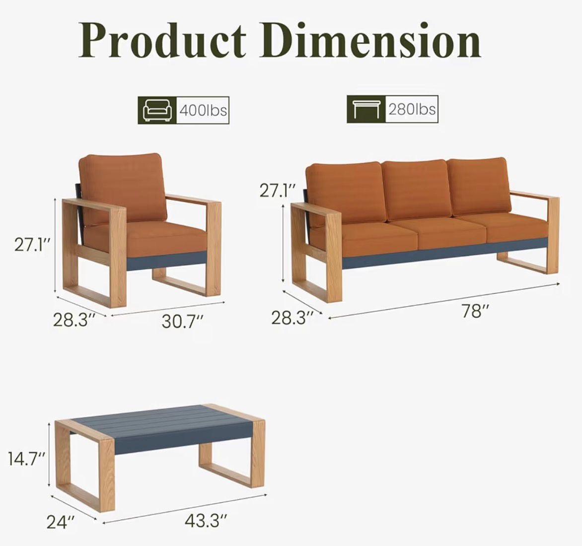 Pre orden Juego de muebles de patio de aluminio de 4 piezas. Cojines color naranja