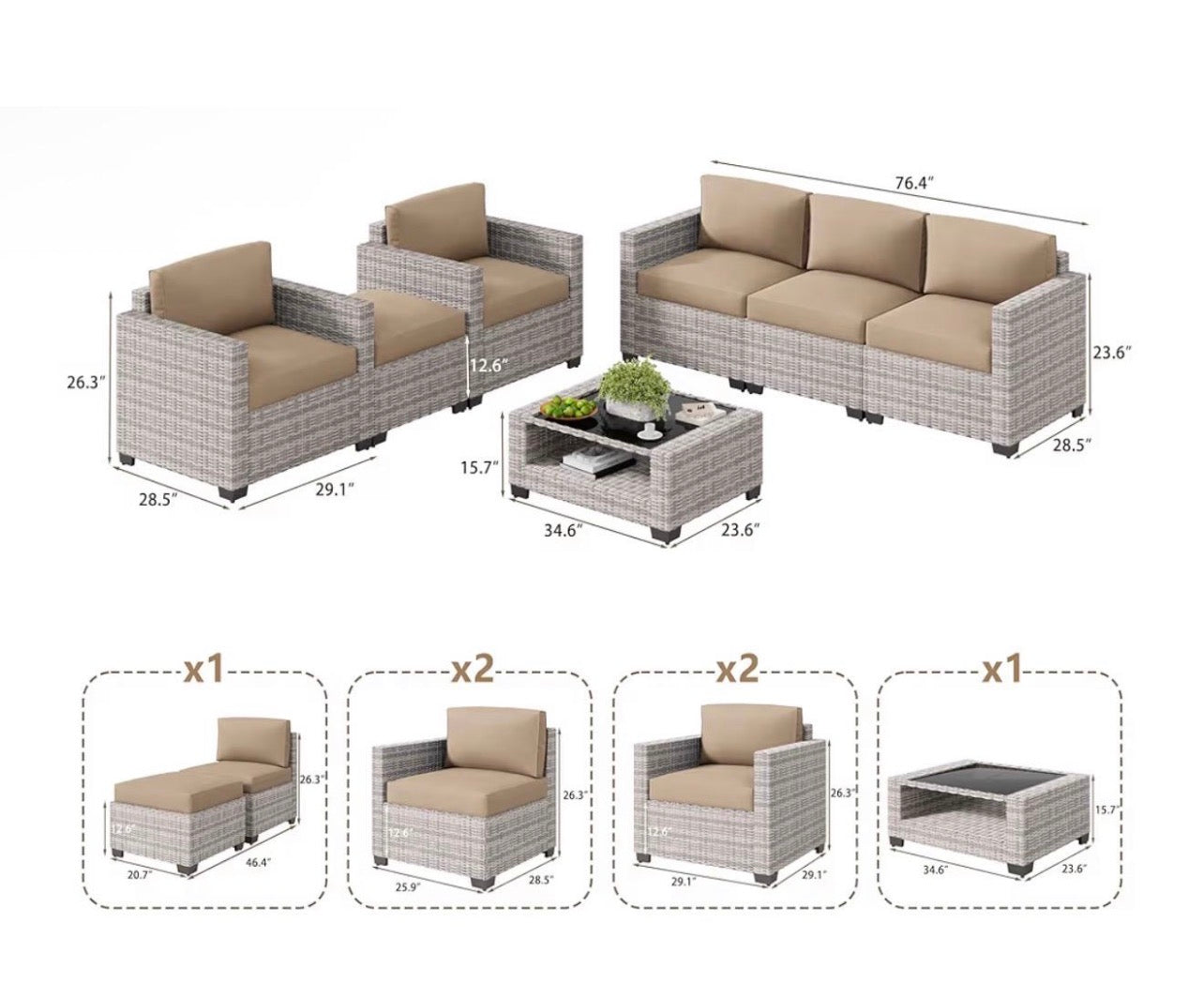 Juego de mueble 7 piezas (mimbre gris blanco-camello y mesa de centro cojines beige)