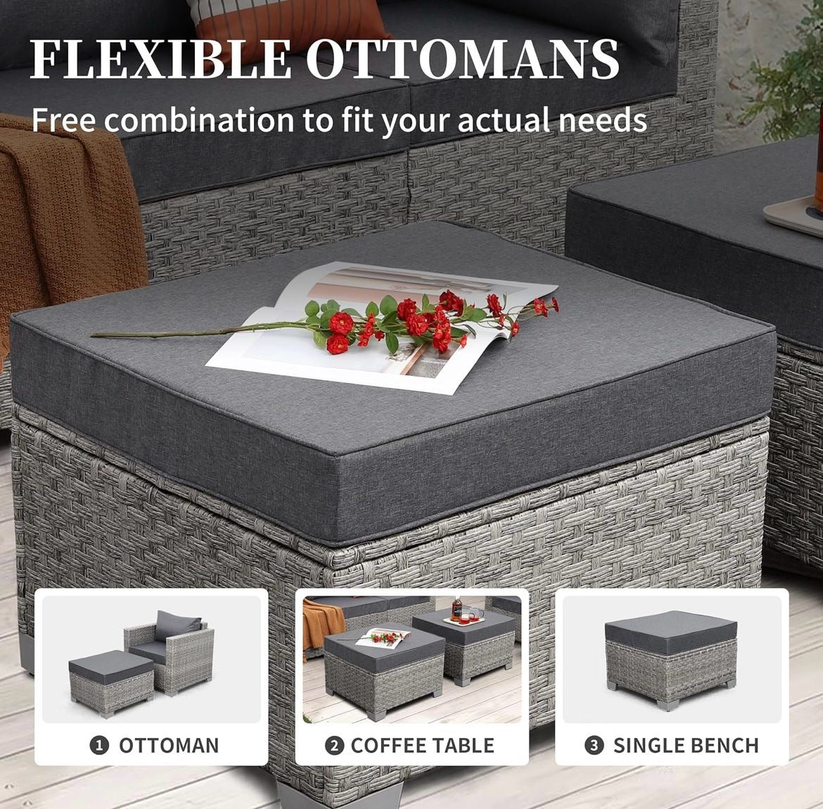 Pre-venta Juego de muebles de patio de ratán gris, 7 piezas. Mimbre gris con cojines gris. Mesa storage