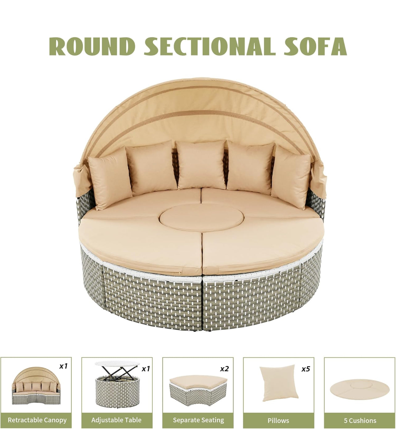 Juego de sofá modular redondo para todo tipo de clima para exteriores con toldo retráctil, sofá cama de ratán de dos tonos con asiento separado y cojín extraíble, café claro.