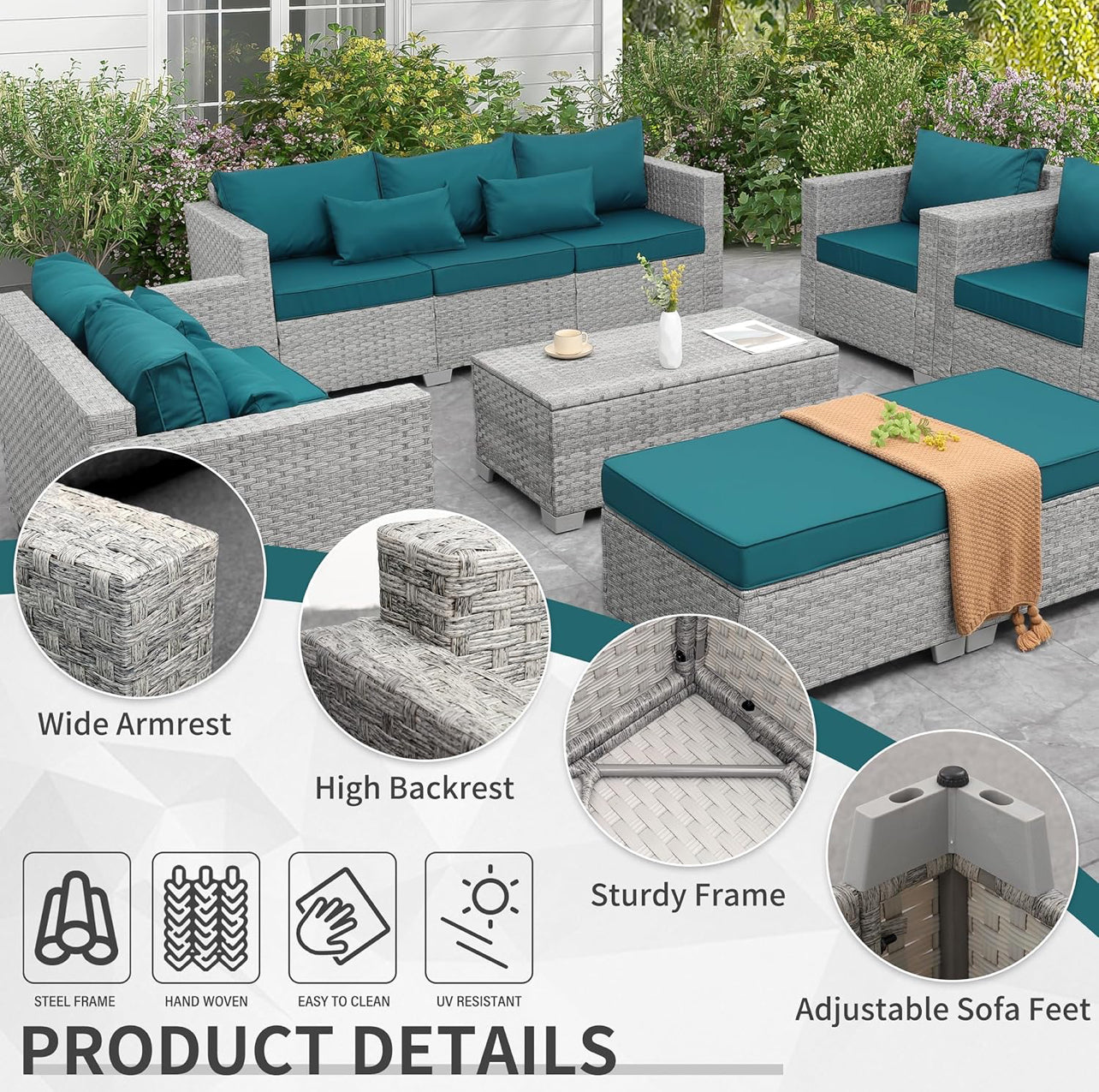 Juego de muebles de patio de ratán gris, 7 piezas. Mimbre gris con cojines azul electric. Mesa storage