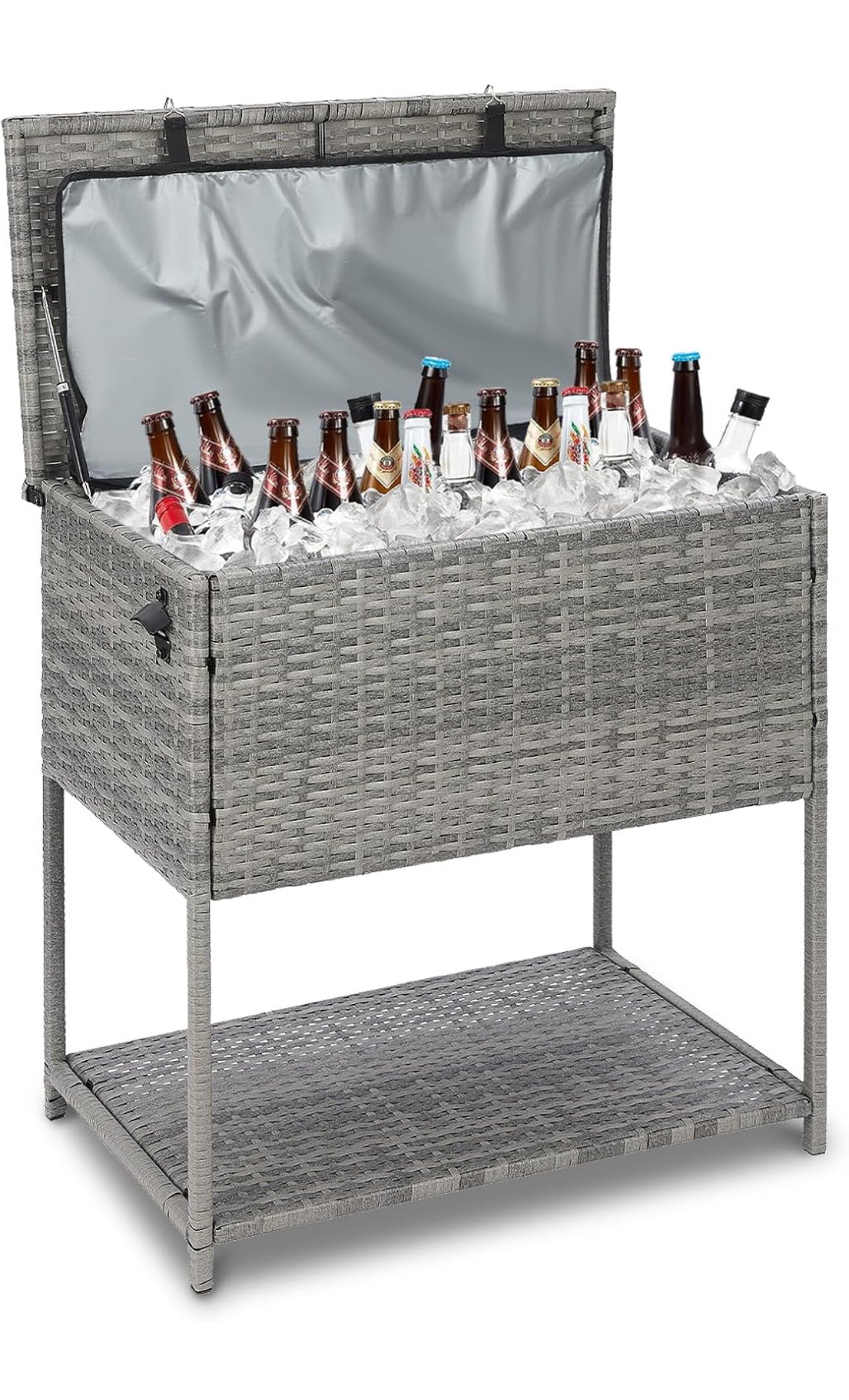 Enfriador grande de 80 cuartos de galón para bebidas al aire libre con abridor de botellas. Mimbre gris