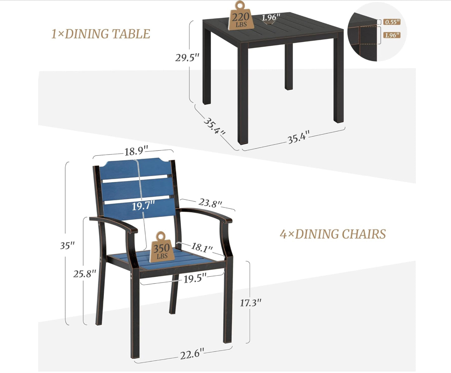 Juego de mesa y sillas de patio, juego de muebles de patio de 5 piezas, material HDPS para todo tipo de clima.