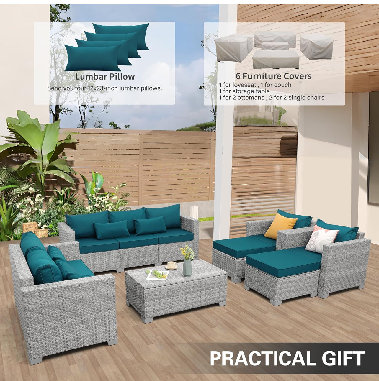 Juego de muebles de patio de ratán gris, 7 piezas. Mimbre gris con cojines azul electric. Mesa storage