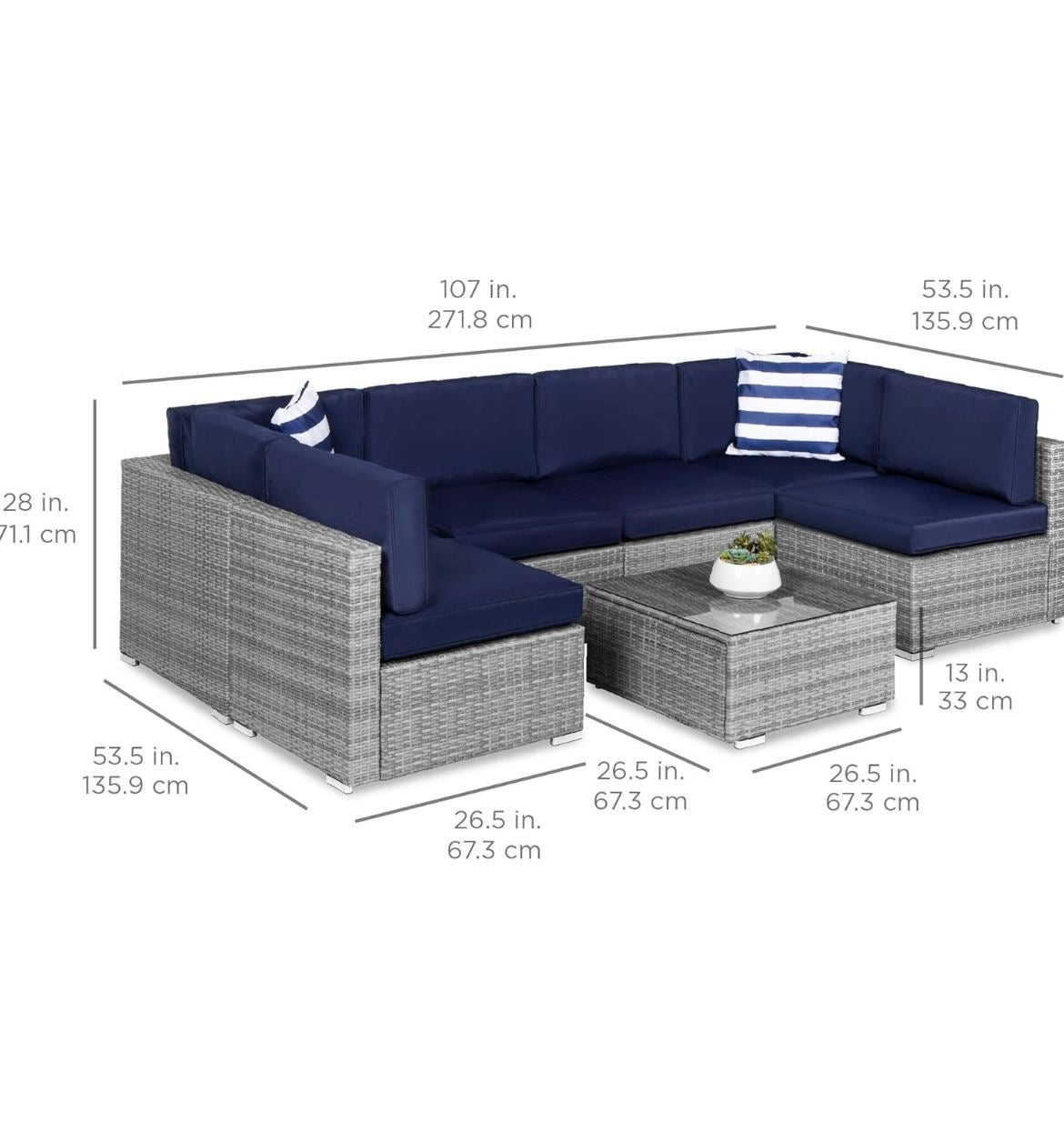 Pre-venta modular 7 piezas mimbre gris cojines azul marino con mesa cuadrada con cristal.