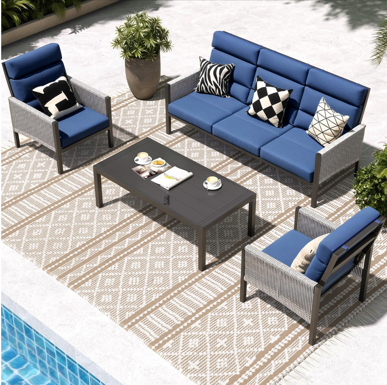 Juego de muebles de aluminio para patio, sofá seccional de respaldo alto, 4 piezas modernas para porche, balcón, jardín, azul Royal