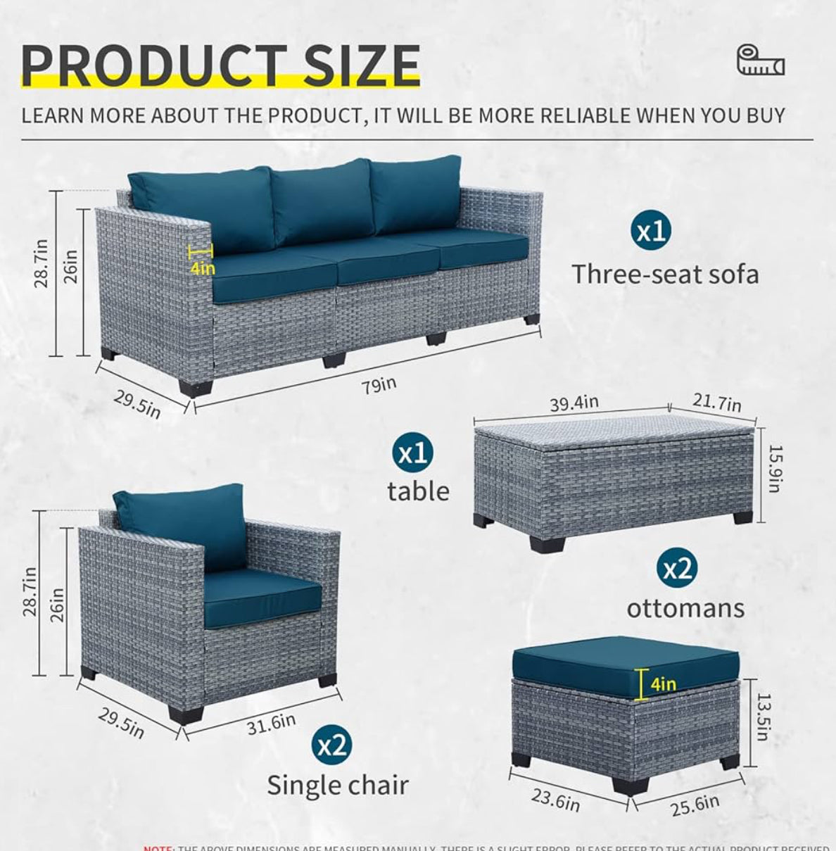 Pre-Venta Juego de muebles de mimbre para patio de 6 piezas mimbre gris cojines azul eléctrico.