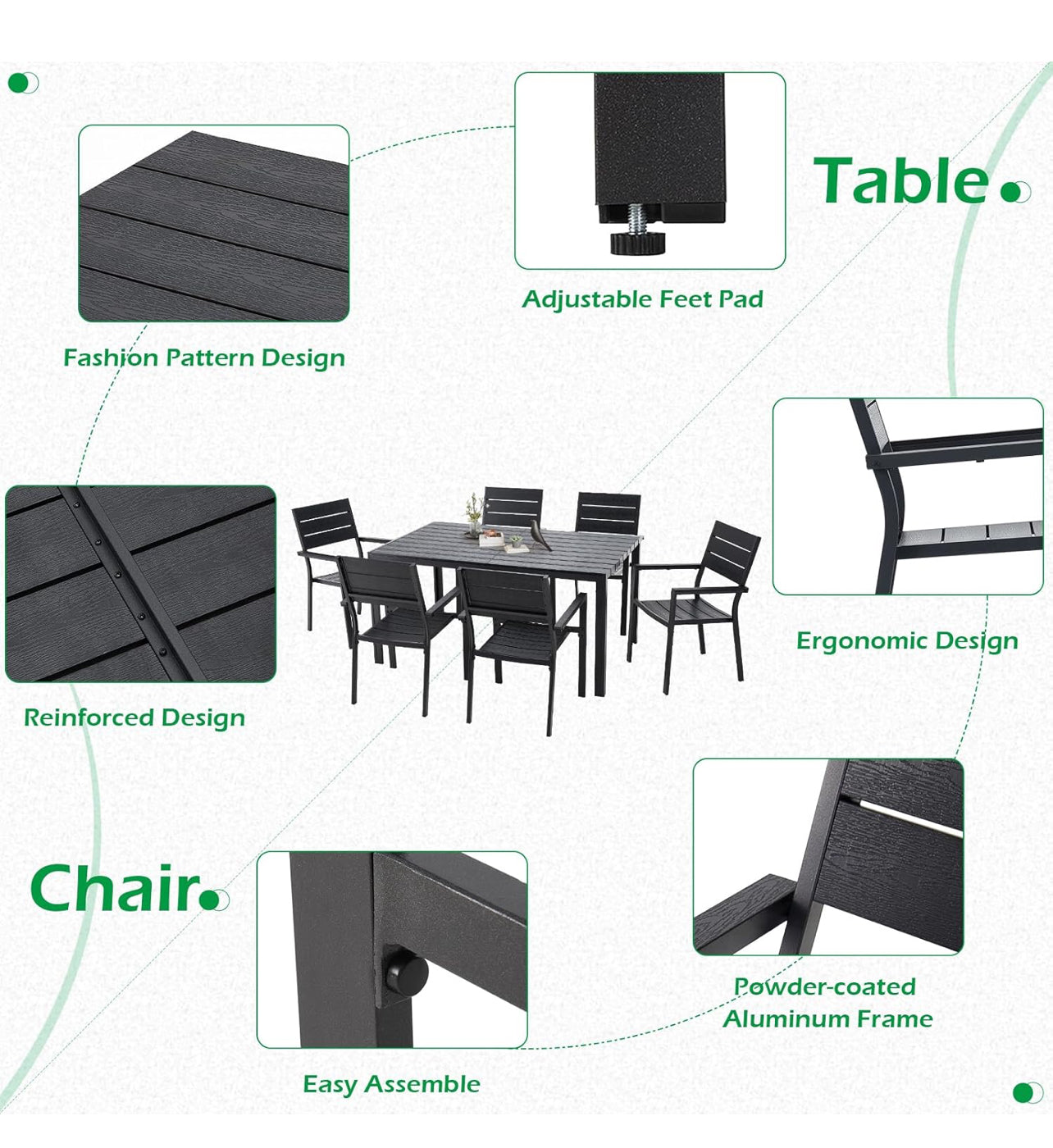 Juego de comedor al aire libre de 7 piezas, mesa y sillas de aluminio color negro.