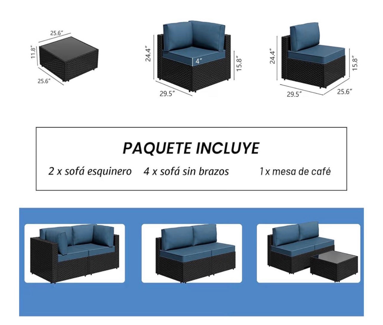 Muebles modular de 7 piezas mimbre negro cojines azul con mesa.