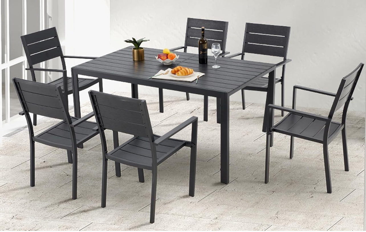 Juego de comedor al aire libre de 7 piezas, mesa y sillas de aluminio color negro.