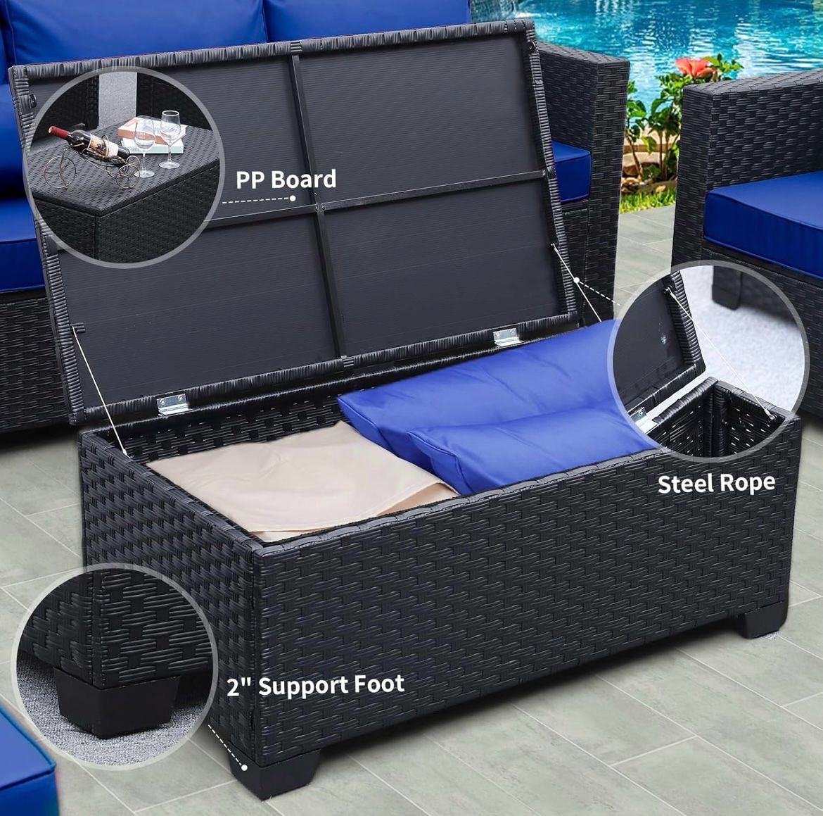 Pre-venta Juego de muebles de patio para exteriores de 5 piezas cojines azul pavo real, mesa de almacenamiento de ratán)mimbre negro