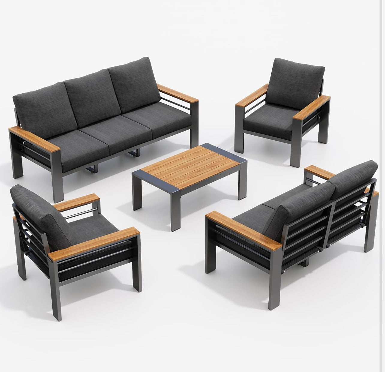 Pre-venta Juego de muebles de aluminio gris 5 piezas con madera sintética. Cojines color gris.