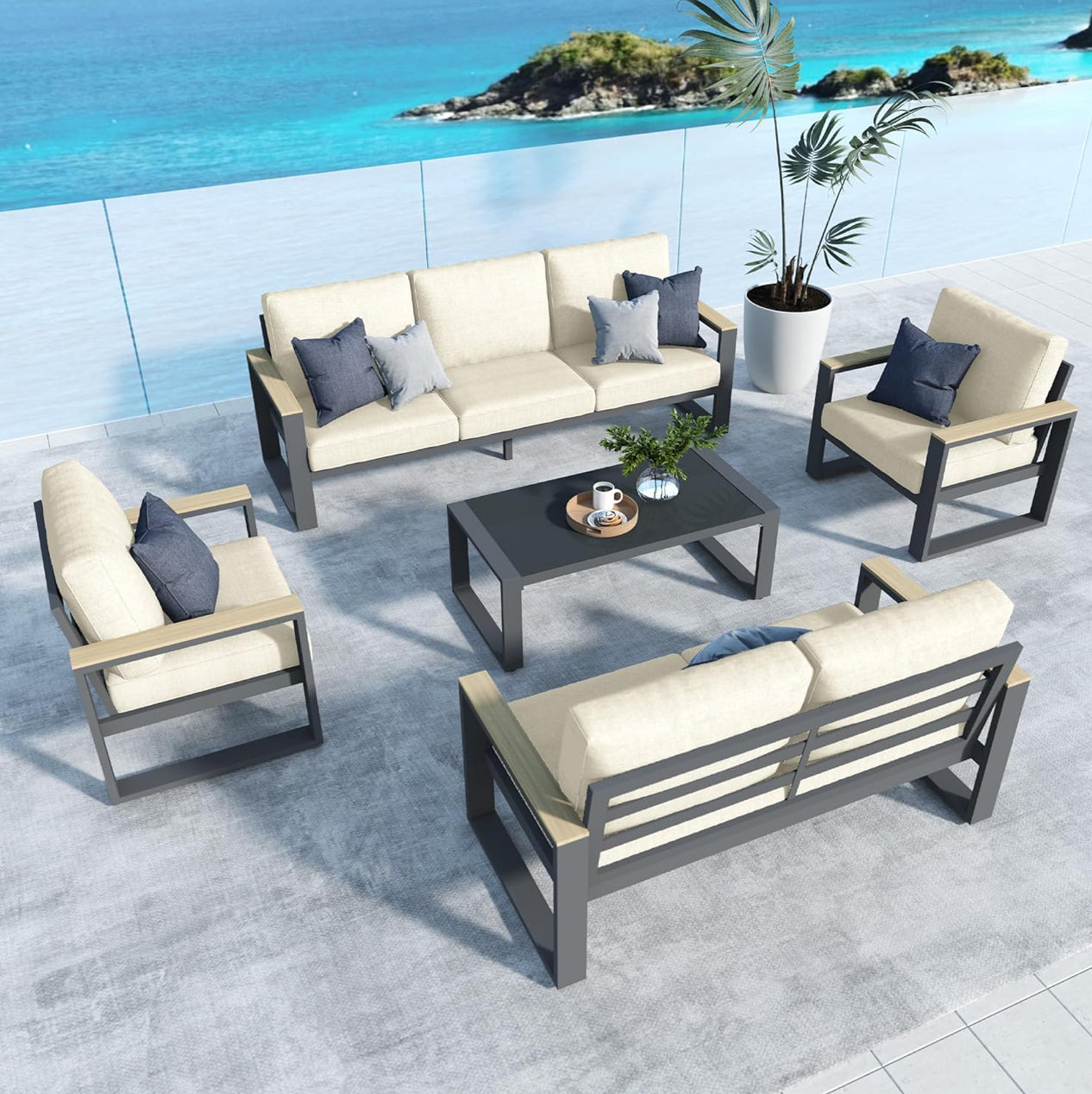 Muebles de aluminio para patio, 1 loveseat, 1 sofá,2 butacas y 1 mesa.