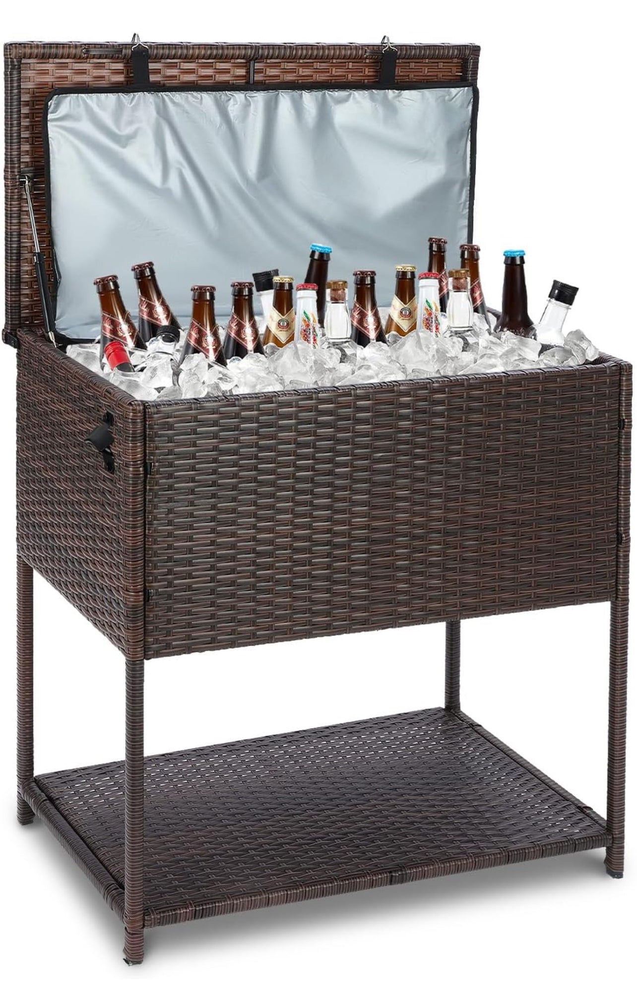 Enfriador grande de 80 cuartos de galón para bebidas al aire libre con abridor de botellas. Mimbre marrón.