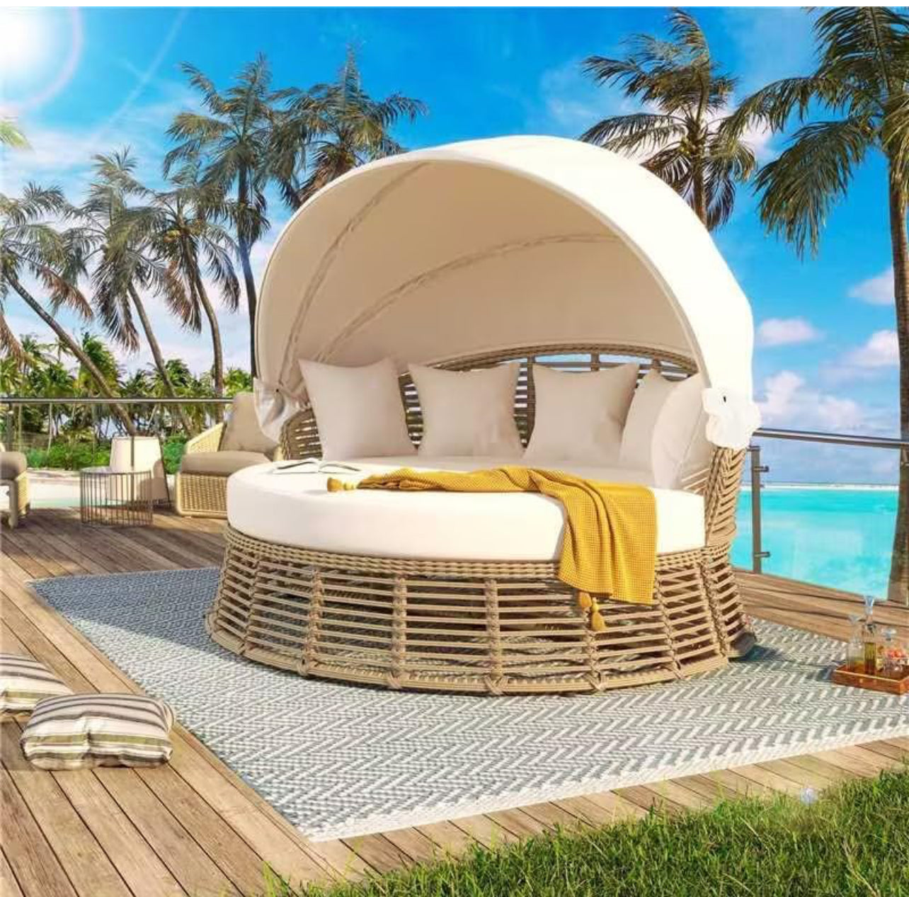 Pre-venta Sofá cama redonda de ratán para patio al aire libre con toldo retráctil, asiento seccional de mimbre con cojines extraíbles para patio, porche (beige)