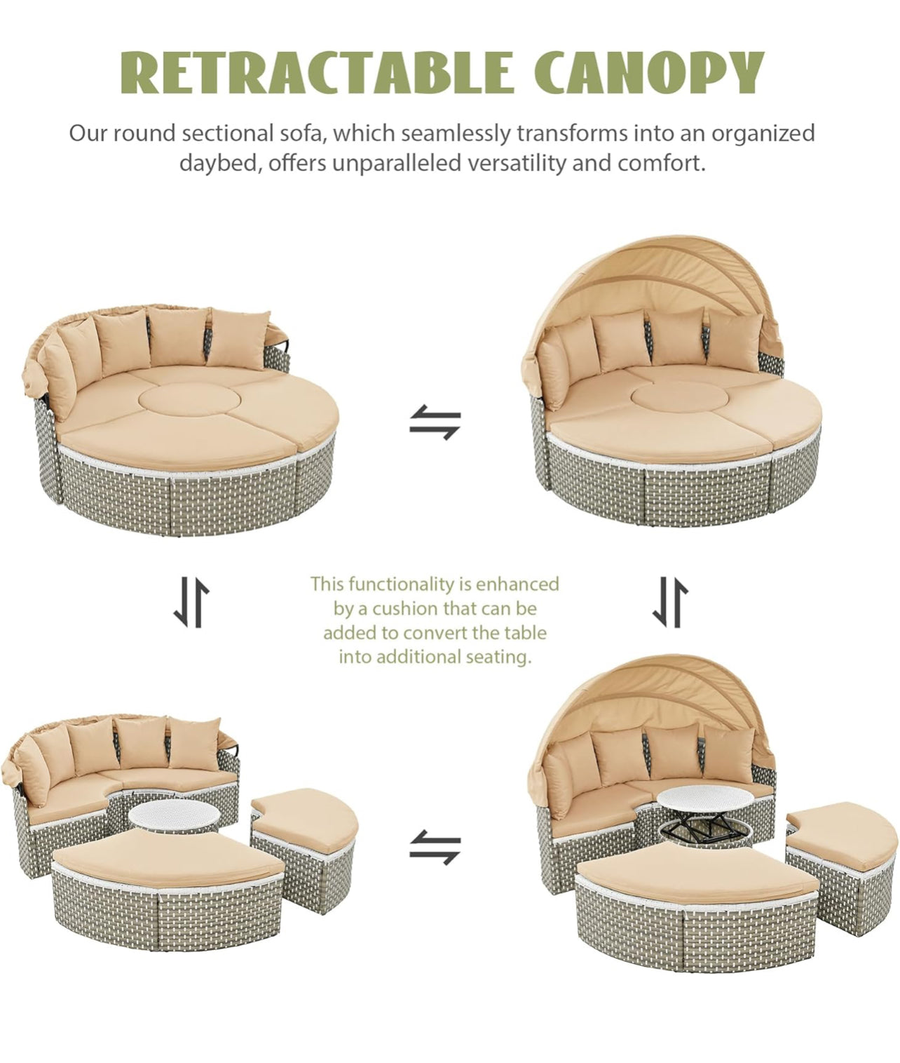 Juego de sofá modular redondo para todo tipo de clima para exteriores con toldo retráctil, sofá cama de ratán de dos tonos con asiento separado y cojín extraíble, café claro.
