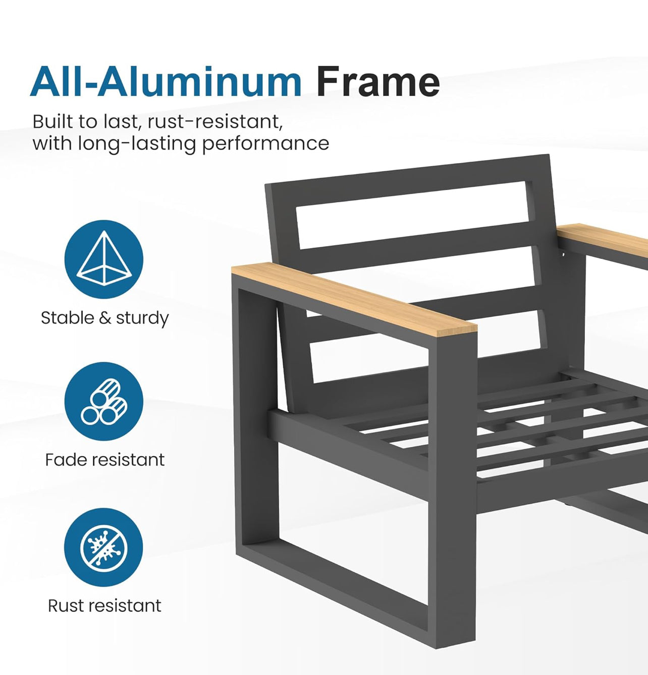 Muebles de aluminio para patio, 1 loveseat, 1 sofá,2 butacas y 1 mesa.