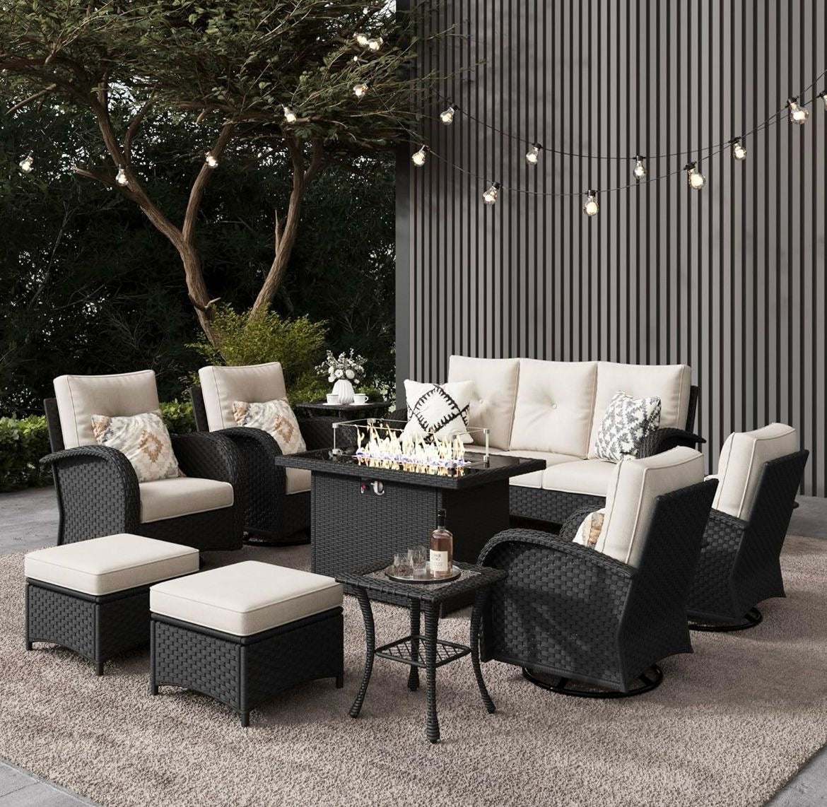Pre-venta Super Juego muebles de 10 piezas patio al aire libre con mesa para fogata, mimbre de ratán seccional, sillas oscilantes giratorias