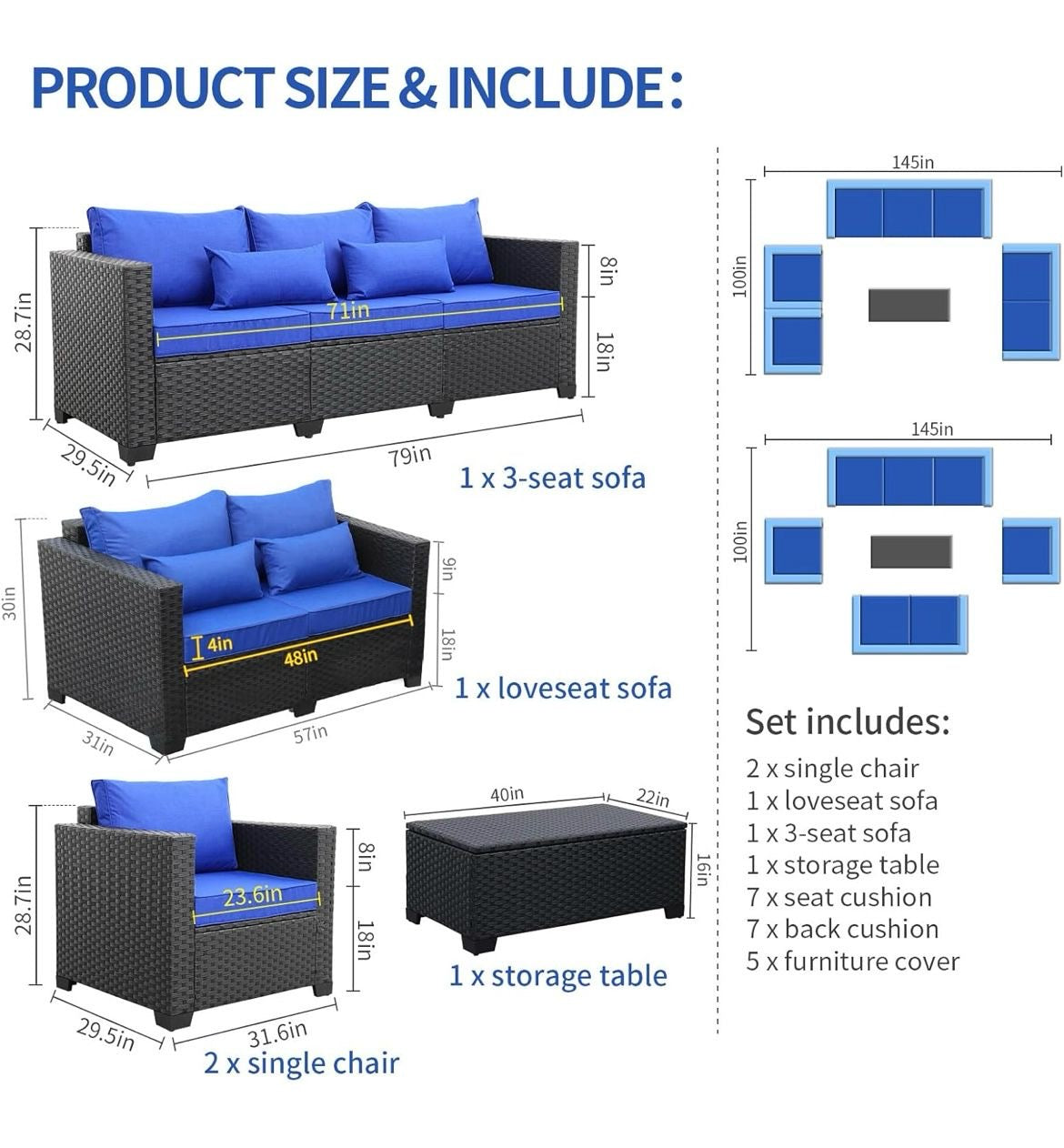 Pre-venta Juego de muebles de patio para exteriores de 5 piezas cojines azul pavo real, mesa de almacenamiento de ratán)mimbre negro