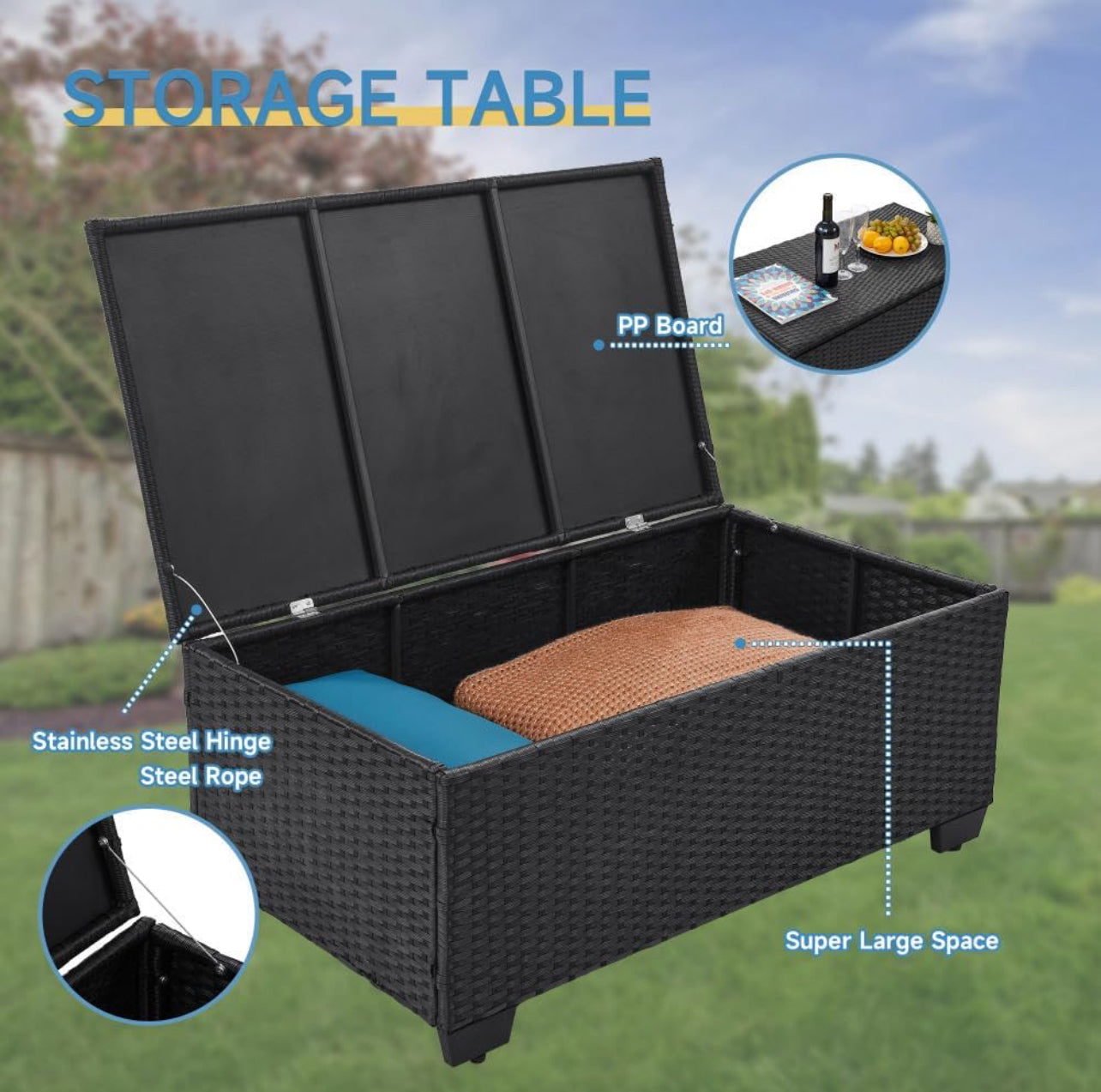 Juego de mueble 6 piezas mimbre negro cojines azul real.