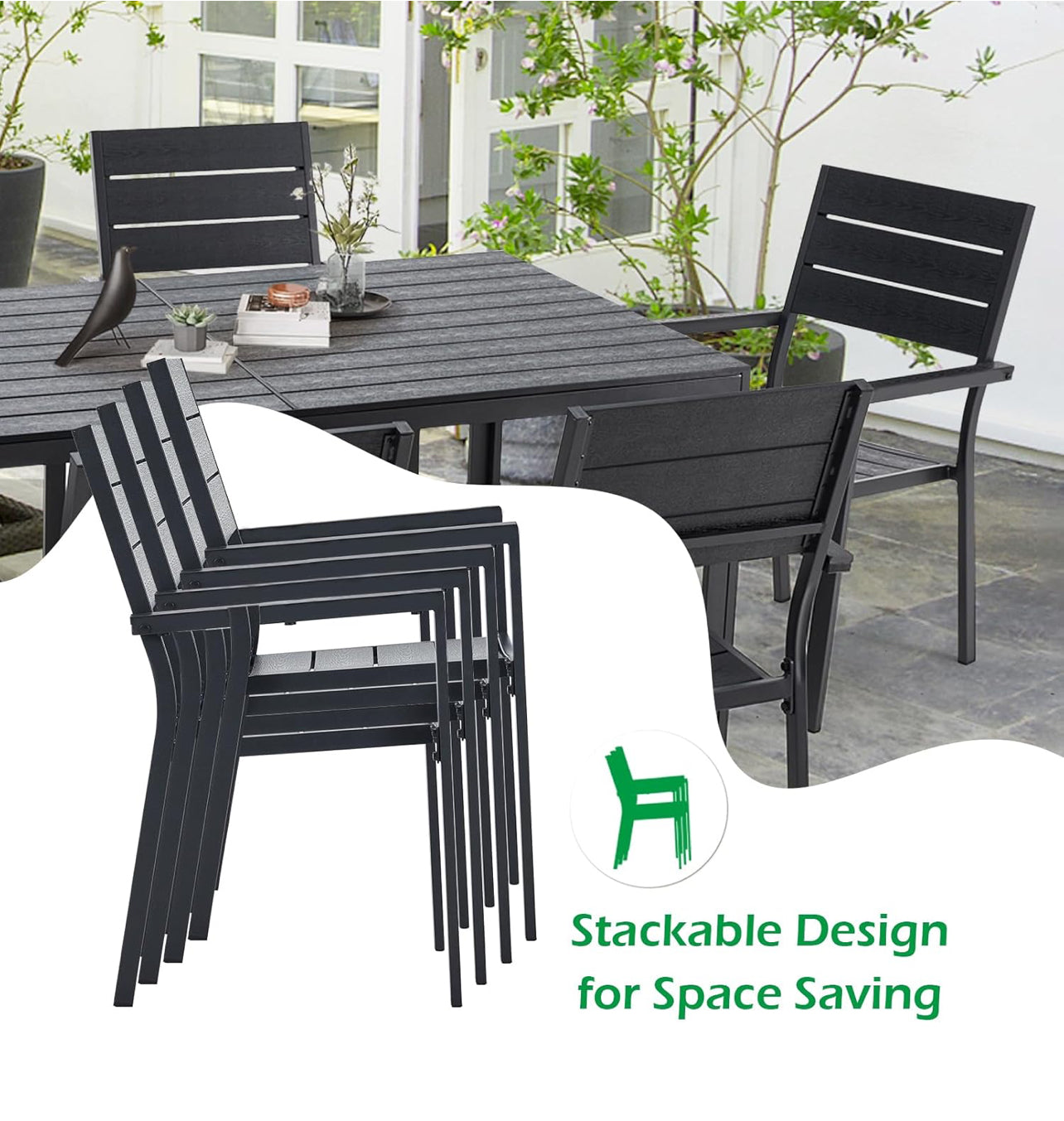 Juego de comedor al aire libre de 7 piezas, mesa y sillas de aluminio color negro.