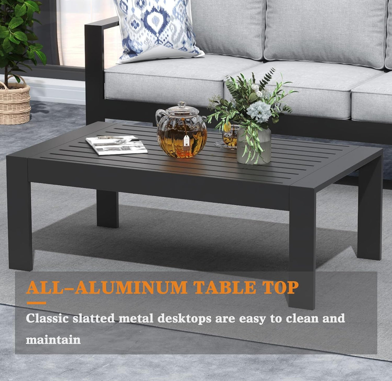 Juego de muebles de aluminio moderno de 5 piezas color negro cojines gris.