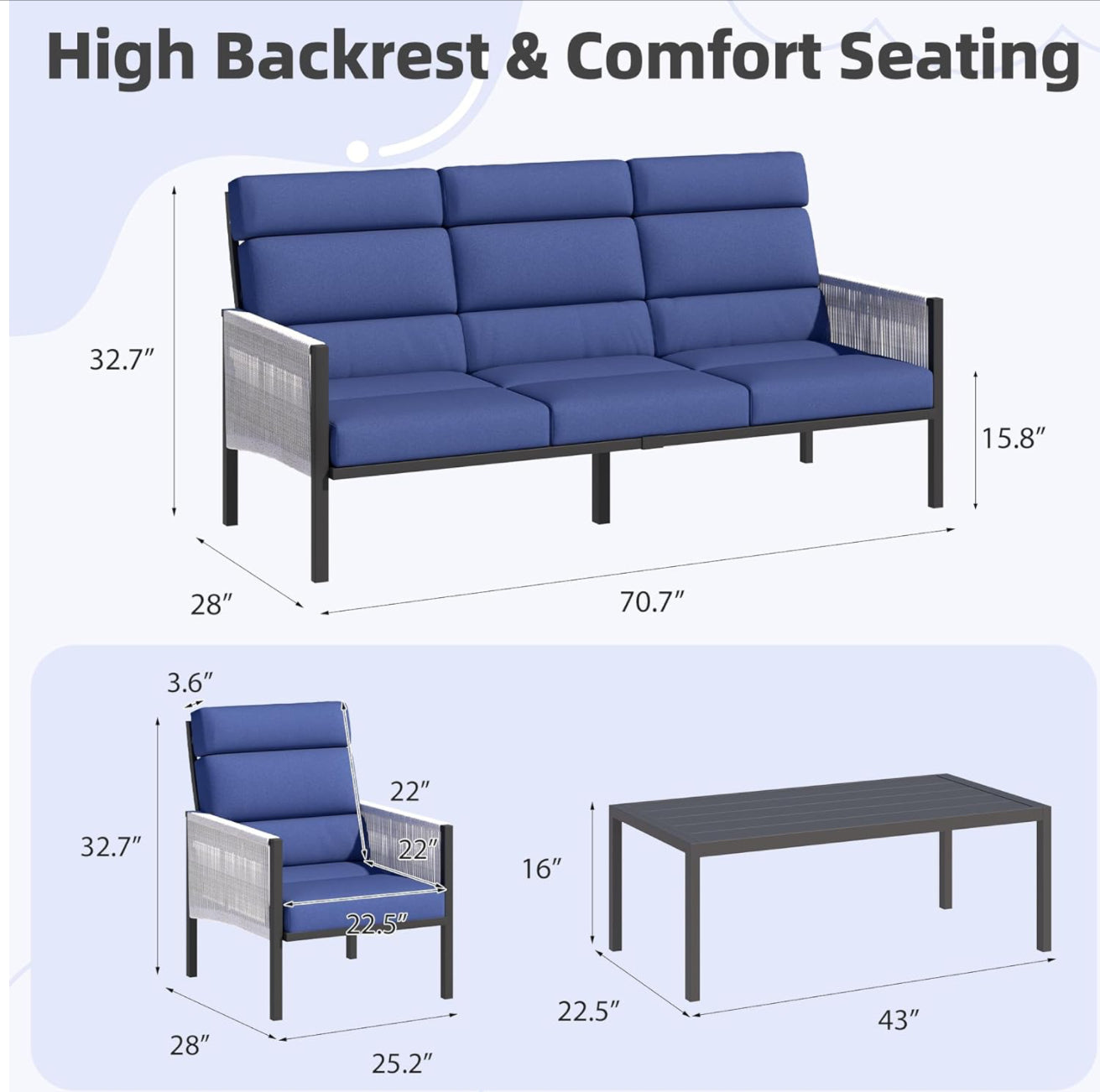 Juego de muebles de aluminio para patio, sofá seccional de respaldo alto, 4 piezas modernas para porche, balcón, jardín, azul Royal