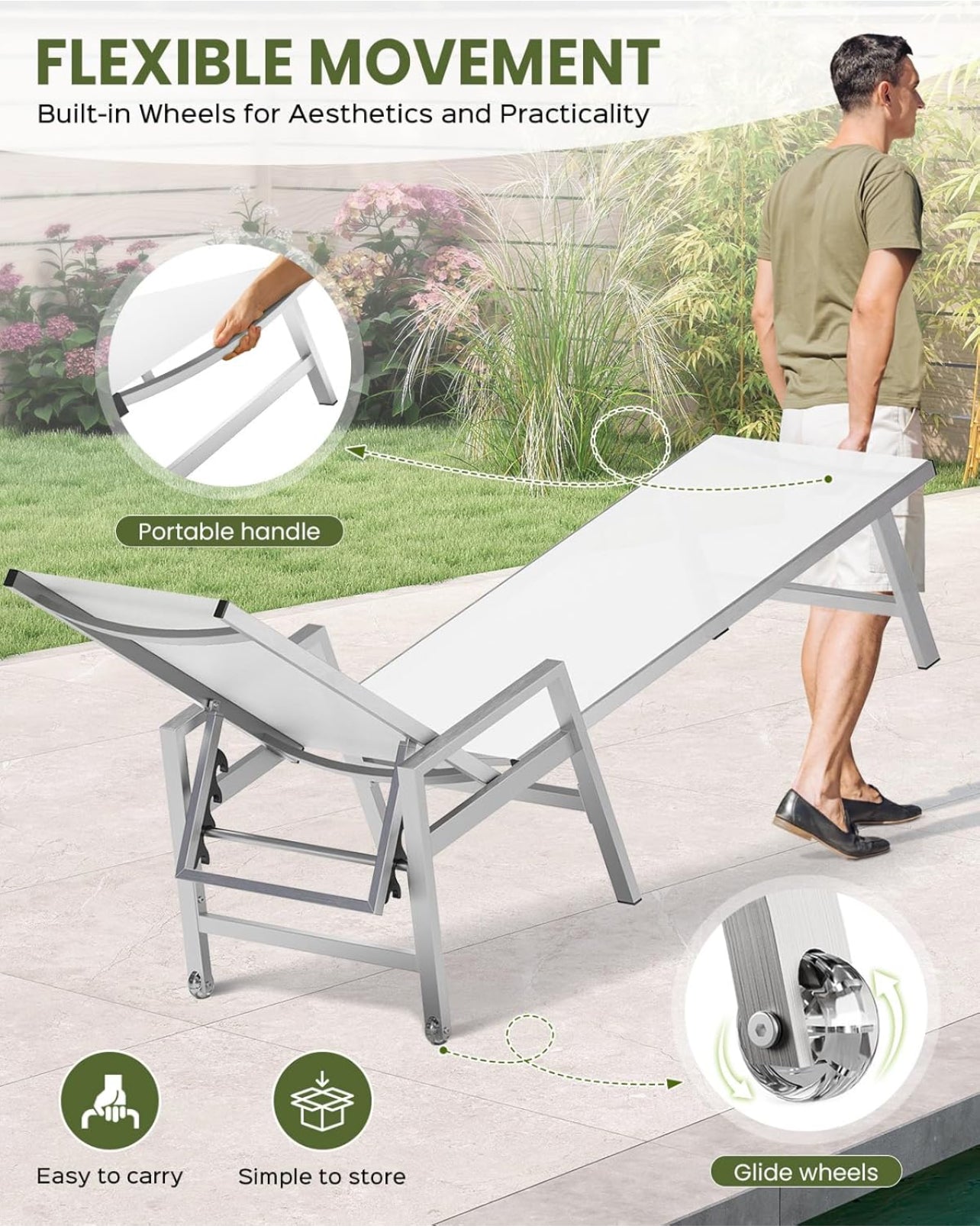 Pre- orden Tumbona para con ruedas y reposabrazos, sillas de aluminio reclinables ajustables de 5 posiciones. Color blanca