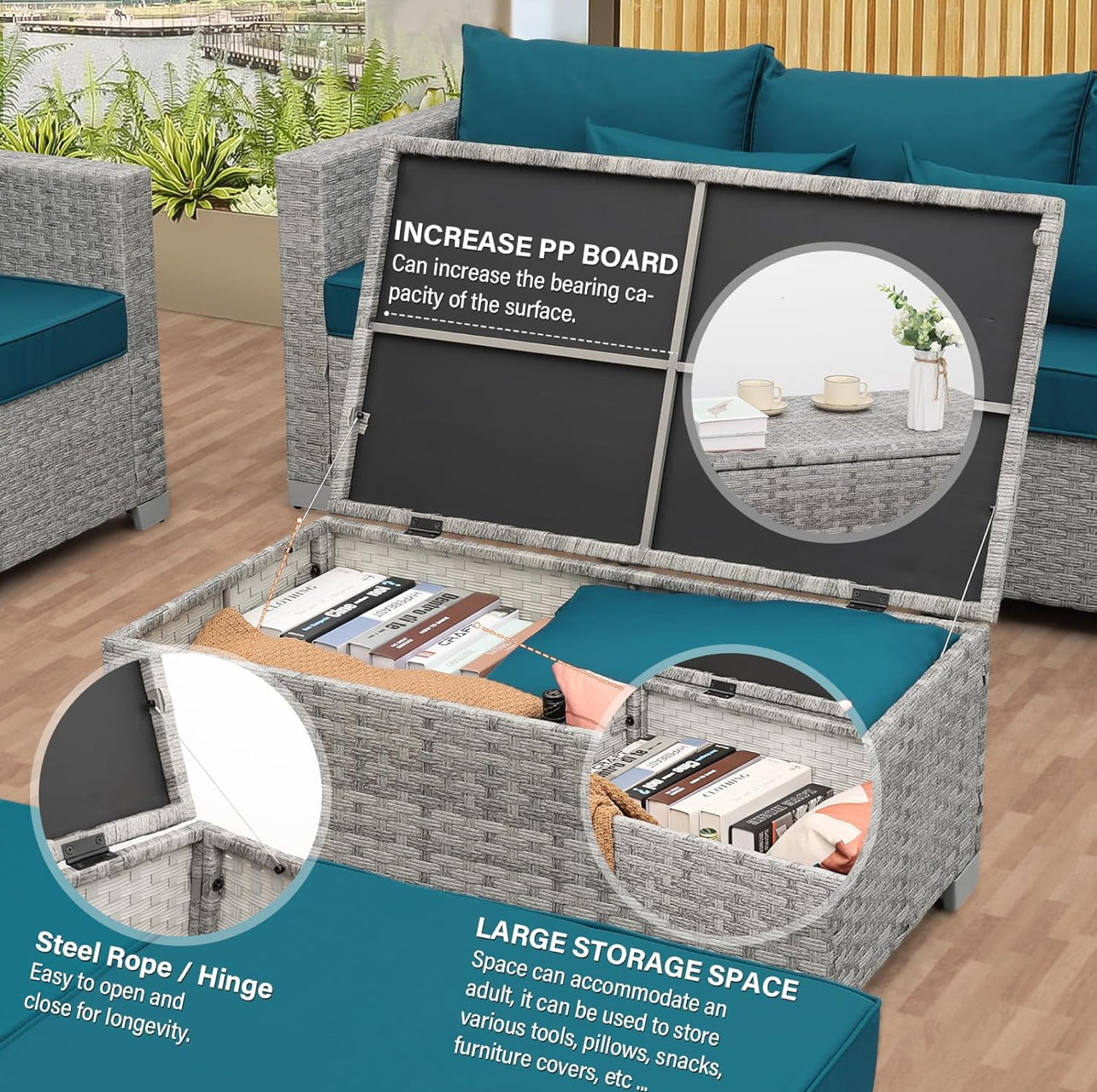 Juego de muebles de patio de ratán gris, 7 piezas. Mimbre gris con cojines azul electric. Mesa storage