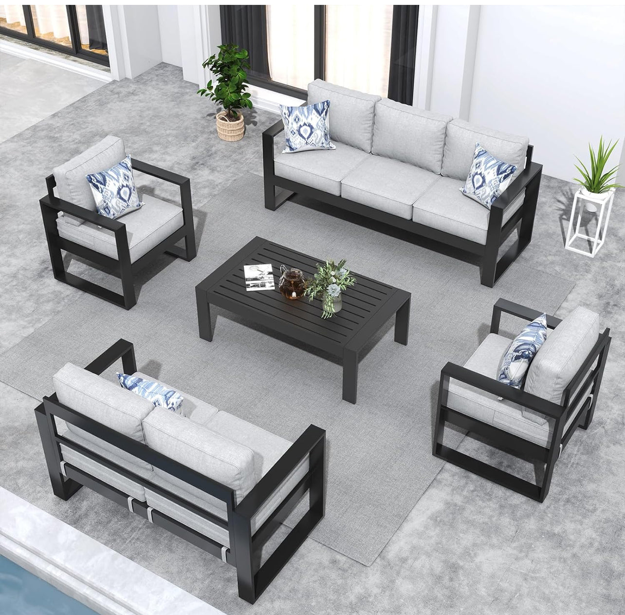 Juego de muebles de aluminio moderno de 5 piezas color negro cojines gris.