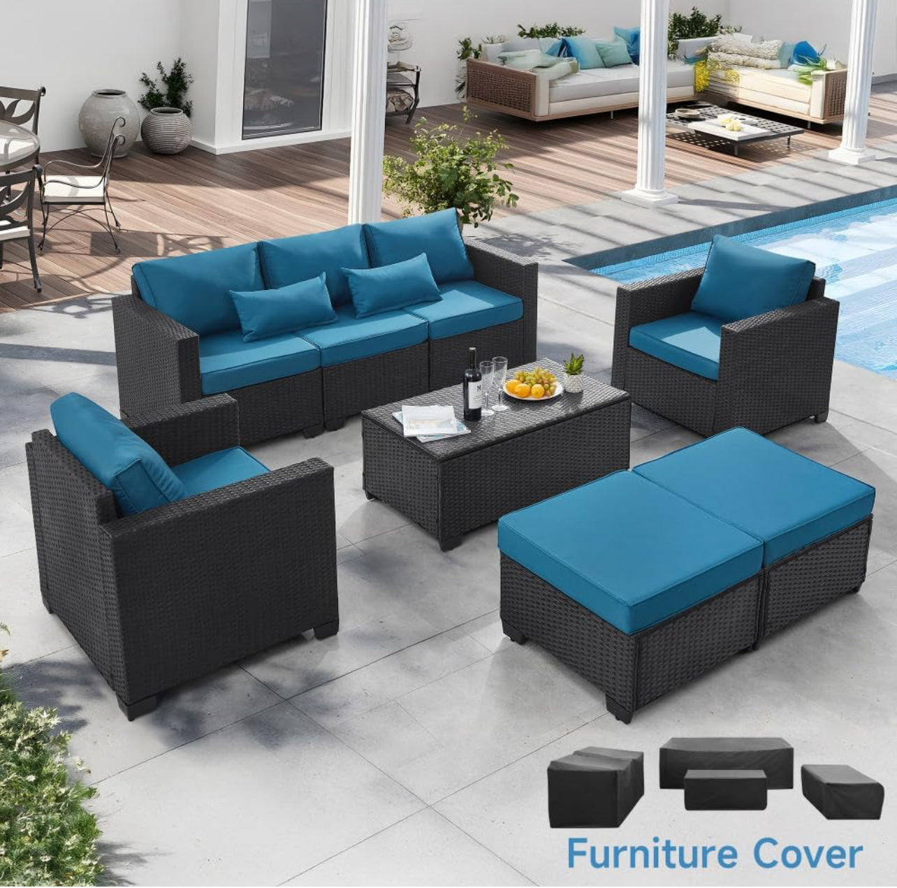 Juego de mueble 6 piezas mimbre negro cojines azul real.