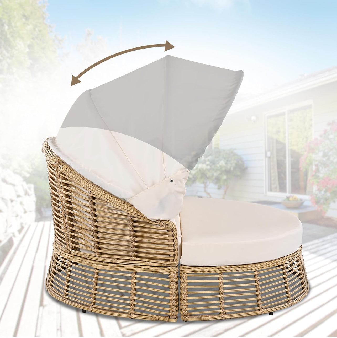 Pre-venta Sofá cama redonda de ratán para patio al aire libre con toldo retráctil, asiento seccional de mimbre con cojines extraíbles para patio, porche (beige)