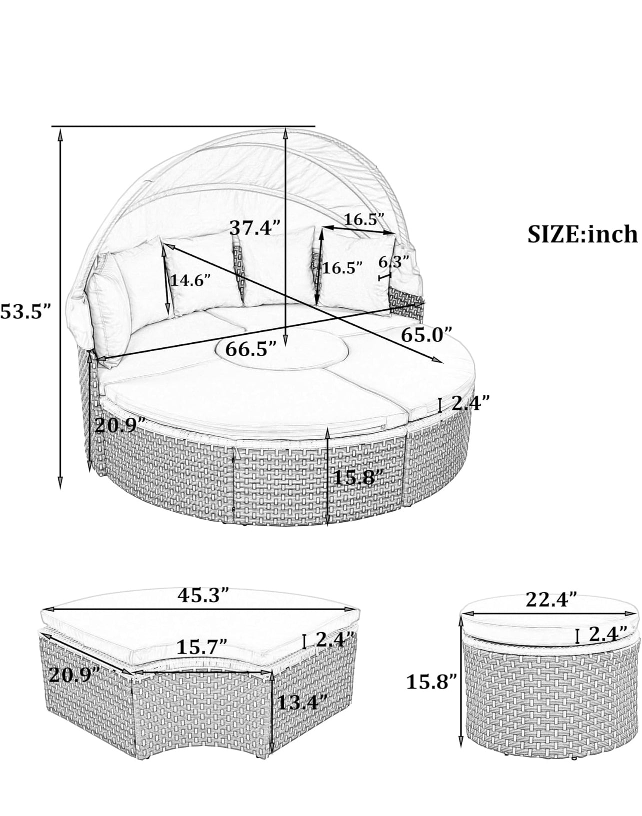 Juego de sofá modular redondo para todo tipo de clima para exteriores con toldo retráctil, sofá cama de ratán de dos tonos con asiento separado y cojín extraíble, café claro.