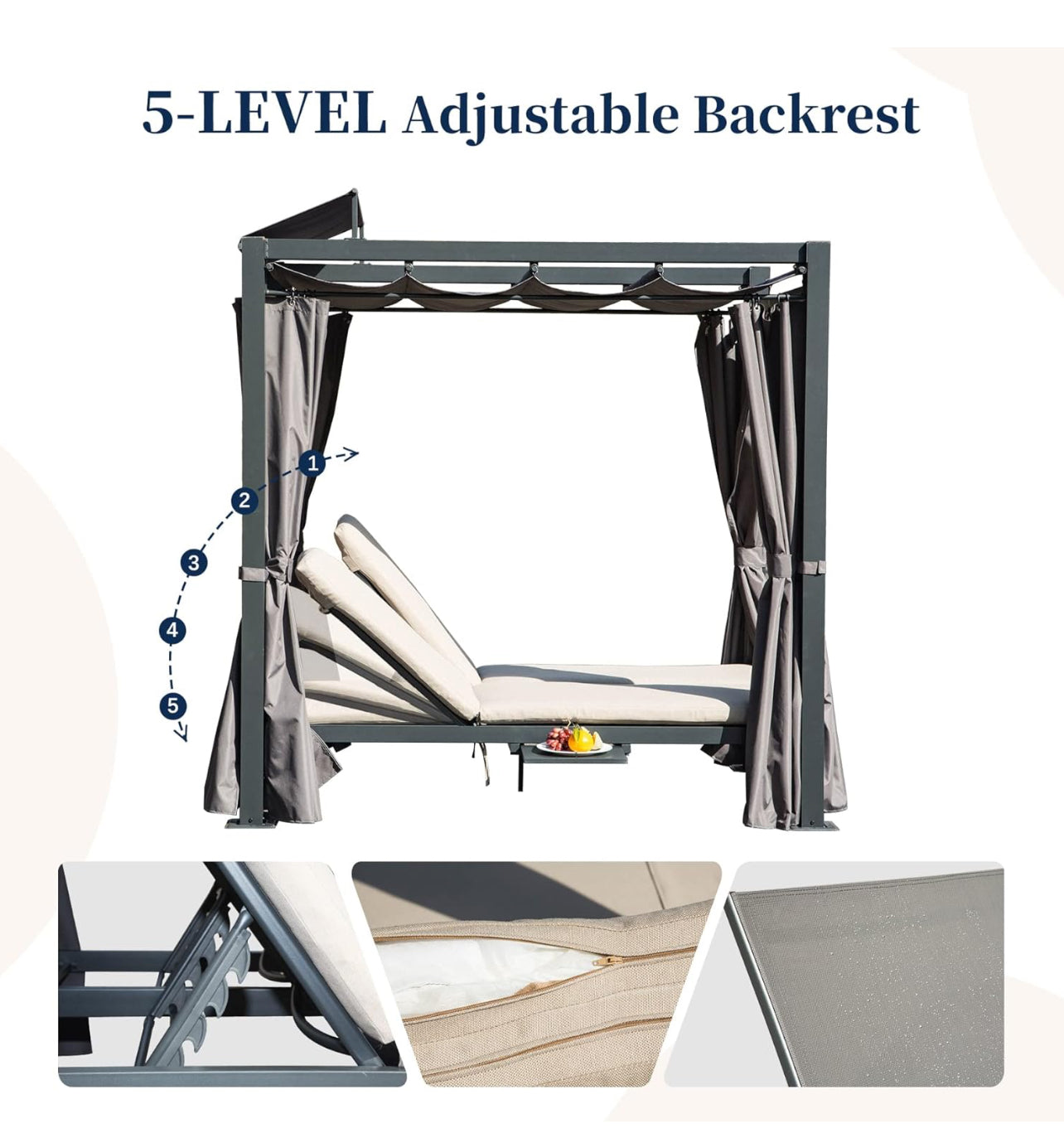 Domi Sofá cama de aluminio para patio al aire libre con cama retráctil con dosel retráctil, cortina gris con cojín beige y soporte para tazas.