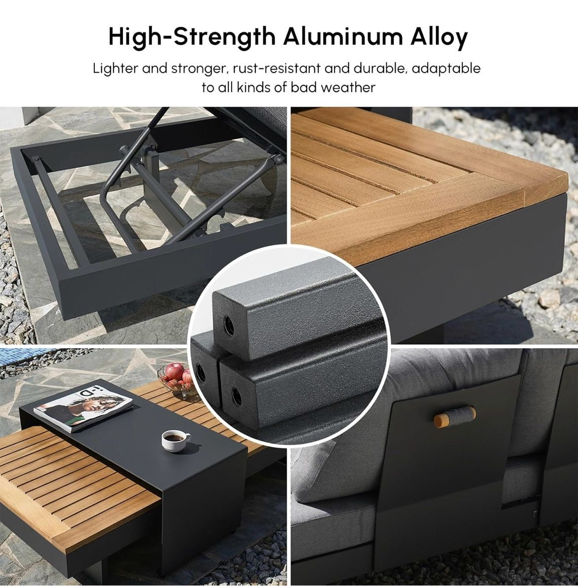 Pre-venta Juego de sofá L de aluminio y teca para exteriores con respaldos ajustables, impermeables, cojines resistentes a la intemperie. Color gris y gris