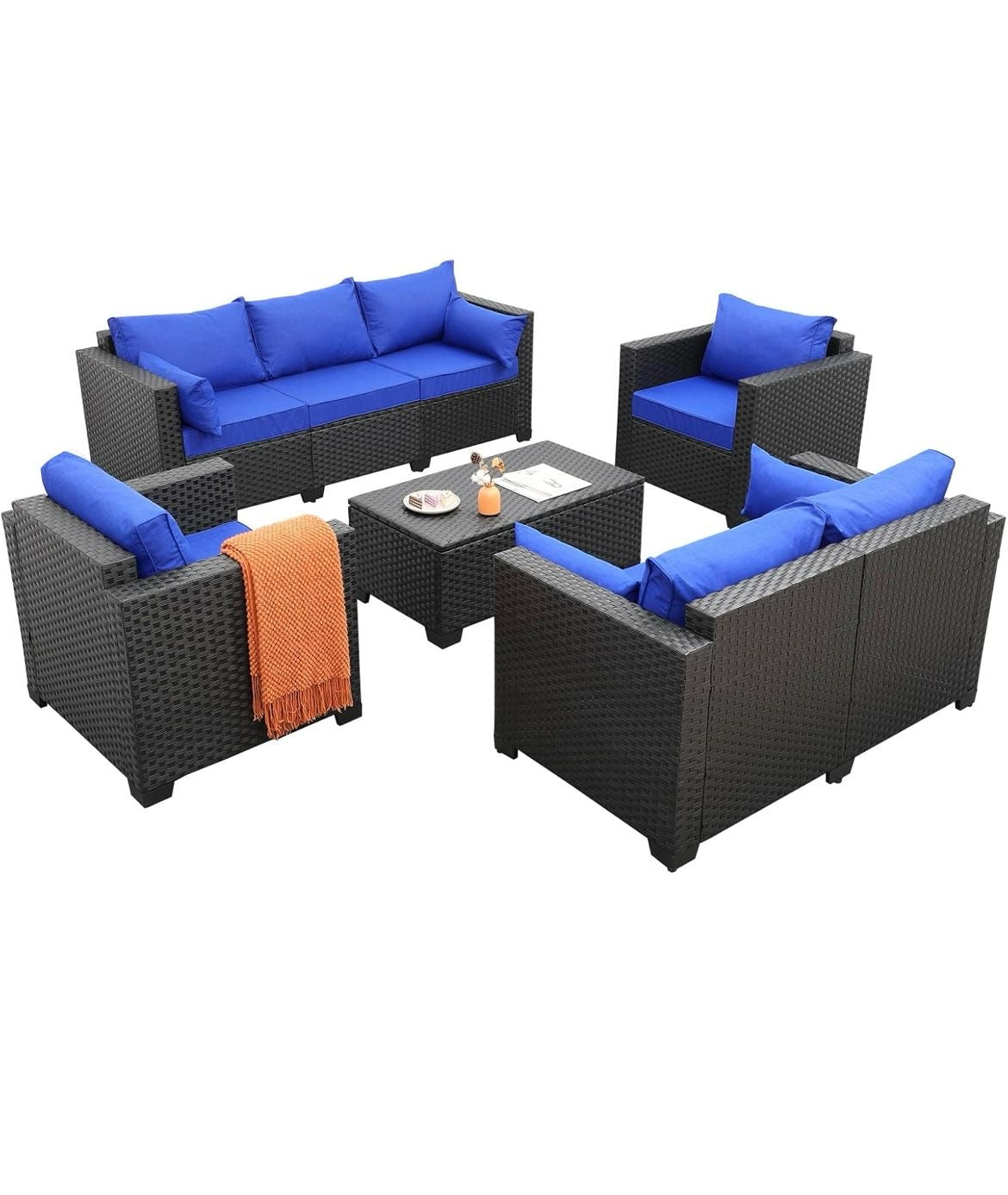 Pre-venta Juego de muebles de patio para exteriores de 5 piezas cojines azul pavo real, mesa de almacenamiento de ratán)mimbre negro