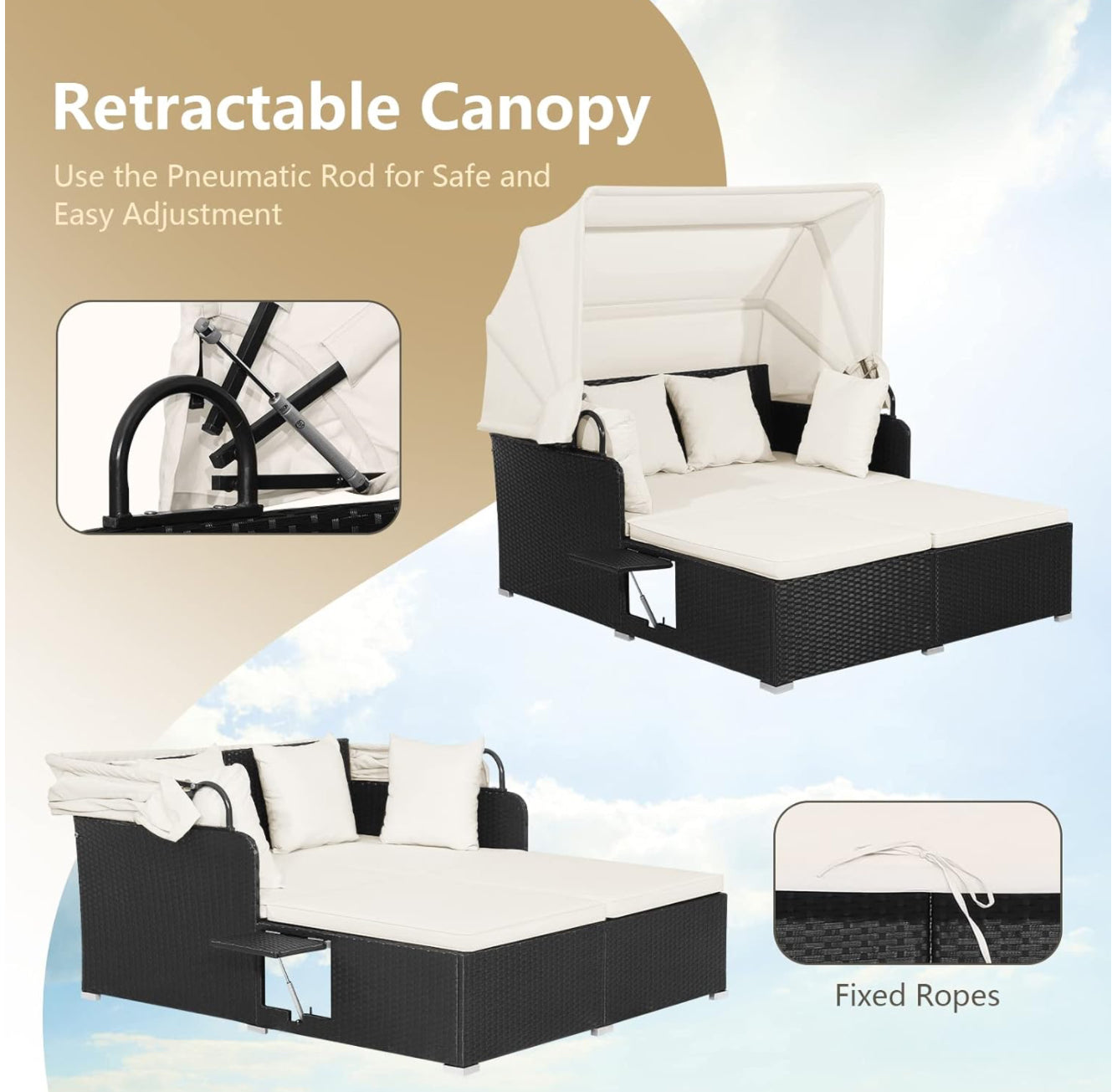 Cama al aire Libre con toldo mimbre negro cojines blanco