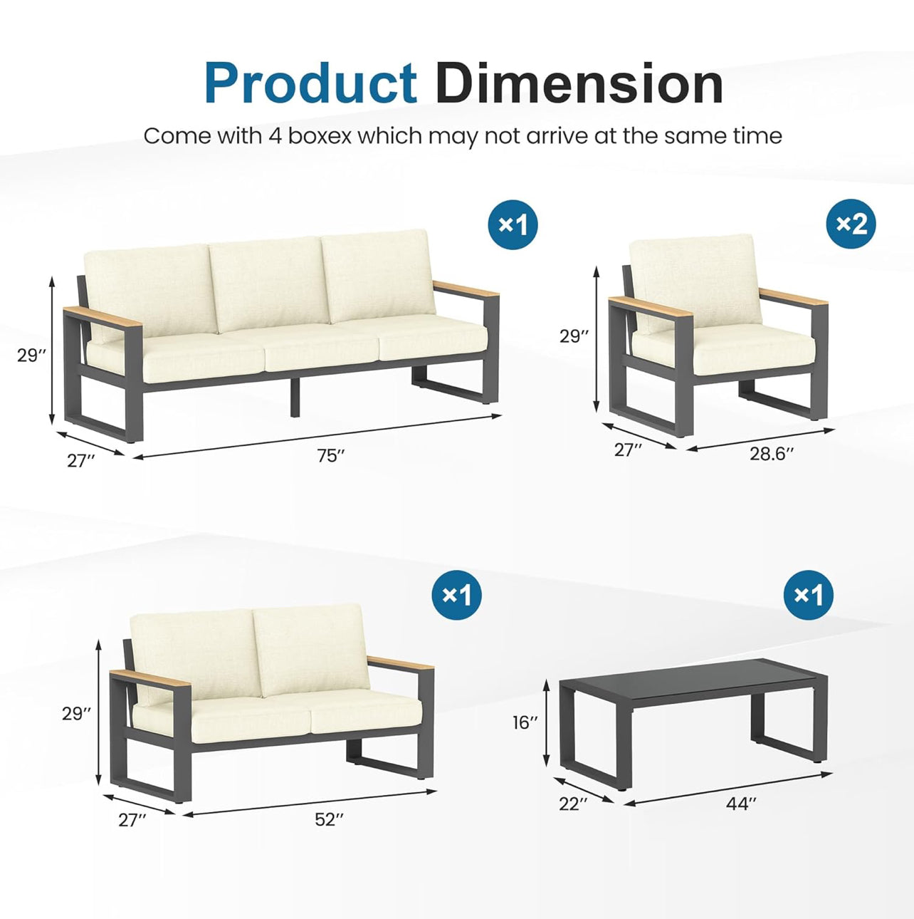 Muebles de aluminio para patio, 1 loveseat, 1 sofá,2 butacas y 1 mesa.