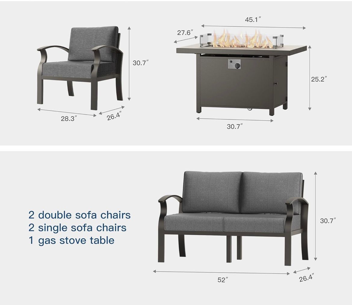 Set con fogata aluminio marrón cojines gris. 5 piezas