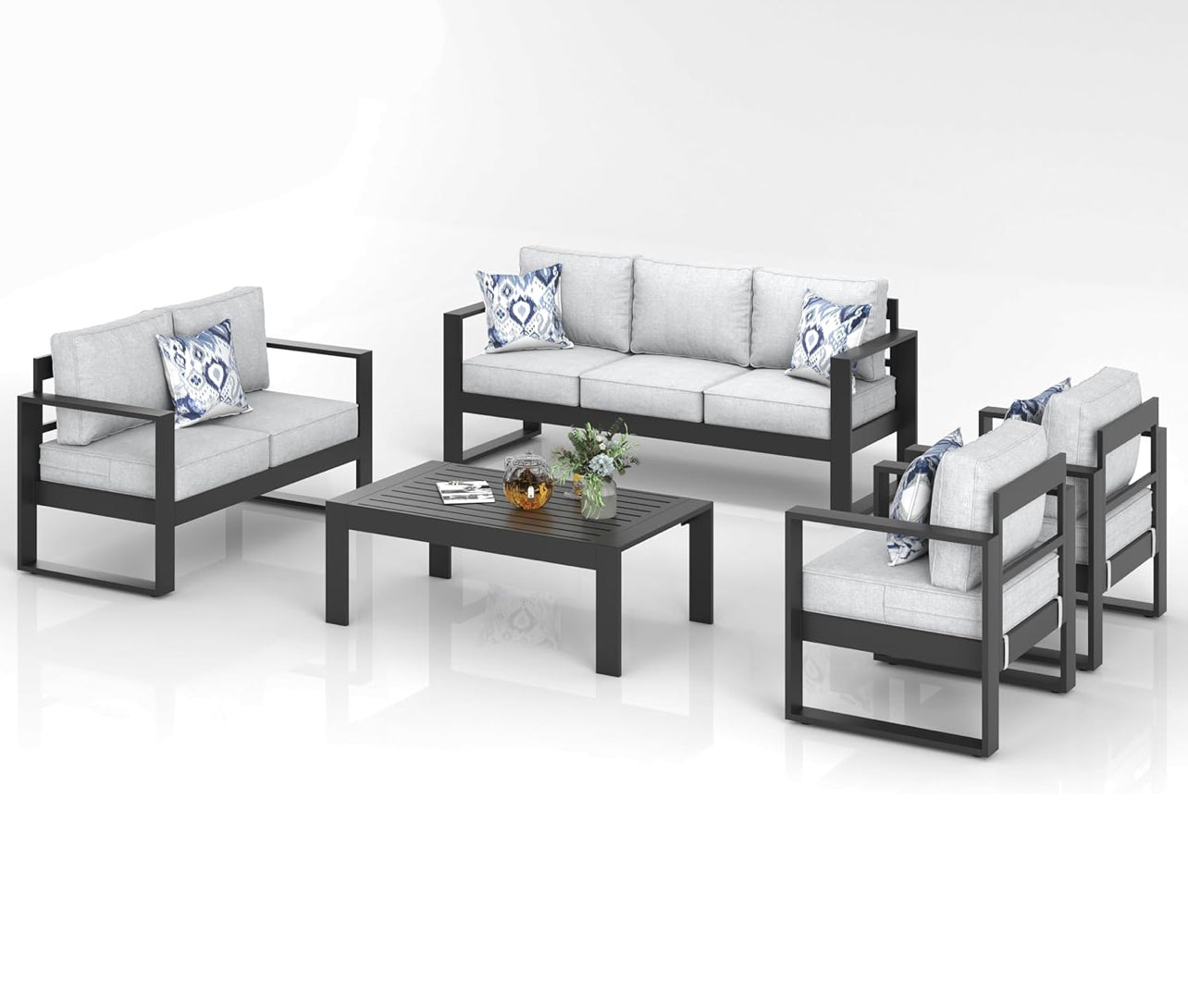 Juego de muebles de aluminio moderno de 5 piezas color negro cojines gris.