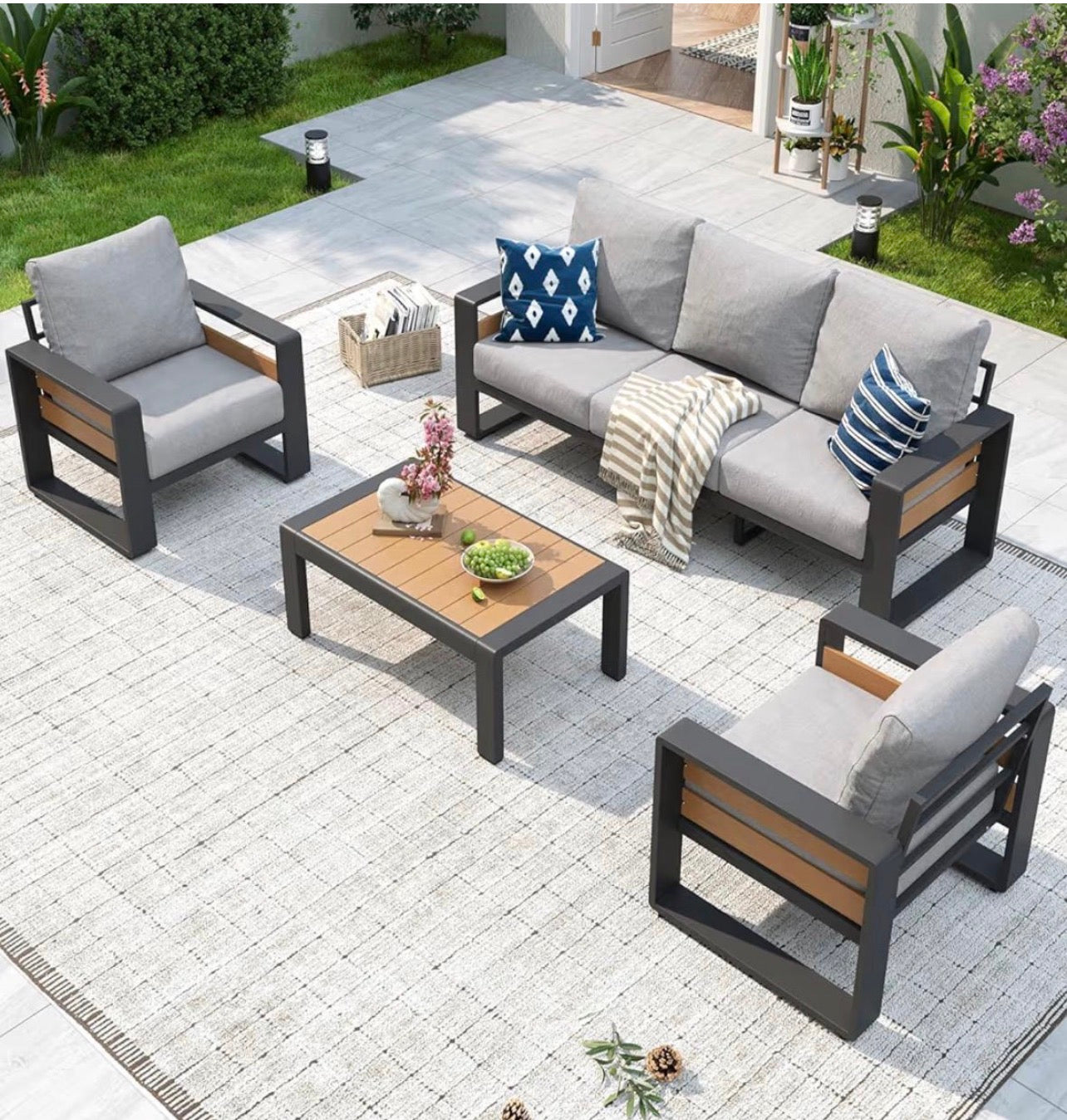 Juego de mueble exterior aluminio 4 piezas cojines gris