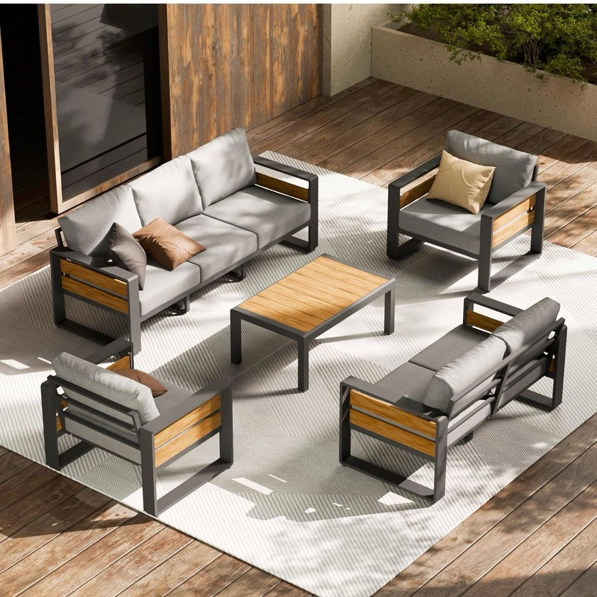 Juego de muebles gris y crema de aluminio para patio al aire libre, 5 piezas de metal moderno seccional para conversación exterior con mesa auxiliar y cojines gruesos lavables, sofá de asiento para jardín. Cojines gris