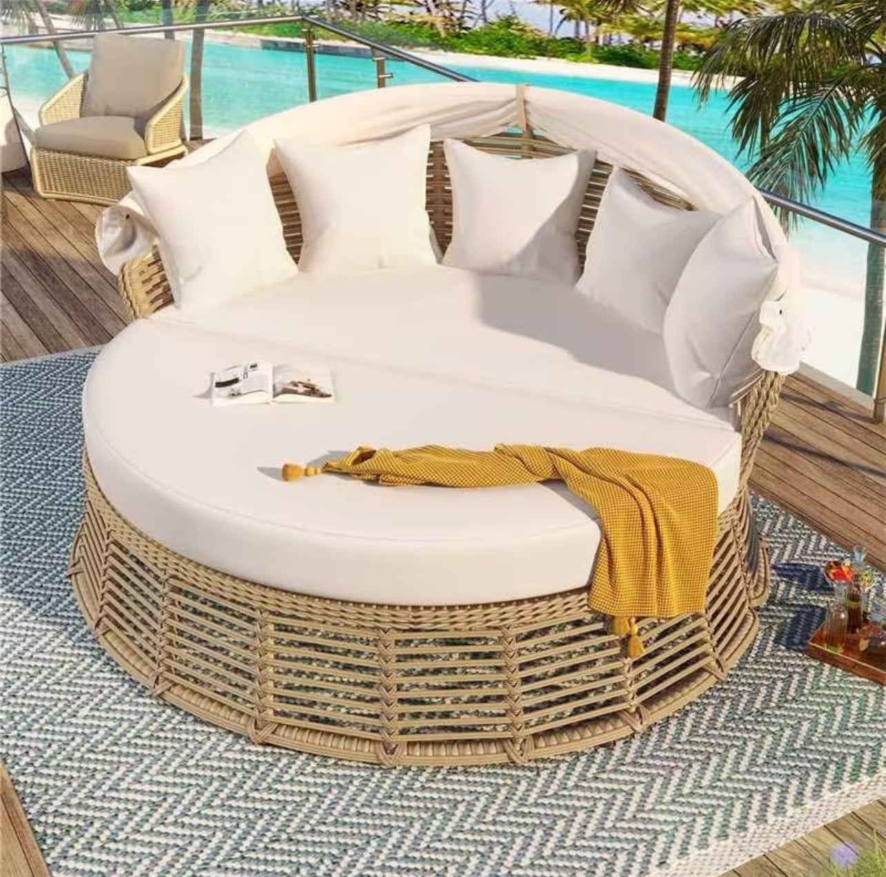 Pre-venta Sofá cama redonda de ratán para patio al aire libre con toldo retráctil, asiento seccional de mimbre con cojines extraíbles para patio, porche (beige)