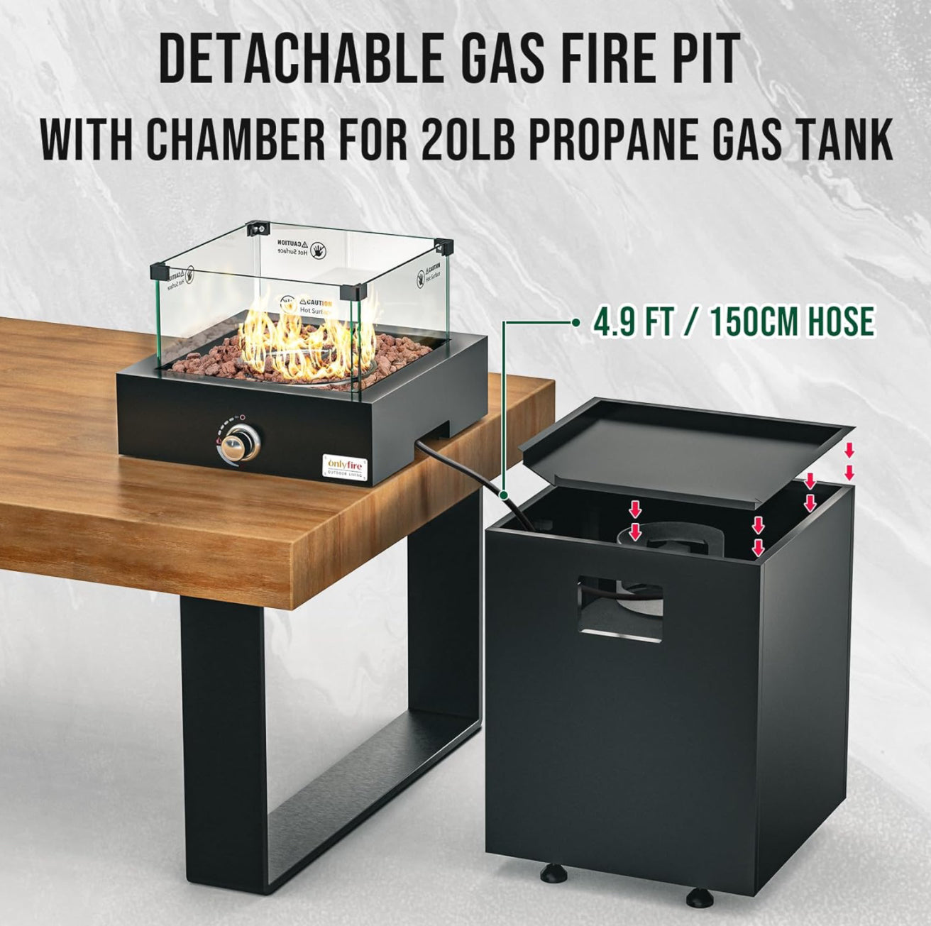 Fogata desmontable de alta calidad con protector de viento de vidrio y ruedas, de gas propano sin humo para exteriores con cámara de almacenamiento de tanque de gas de 20 libras