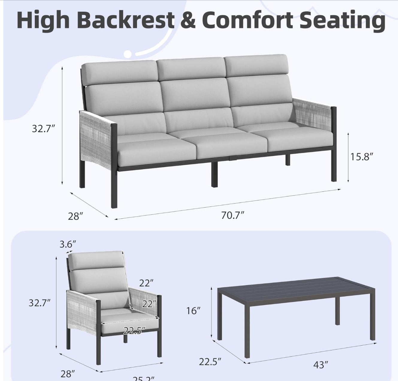 Juego de muebles de aluminio para patio, sofá seccional de respaldo alto, 4 piezas modernas para porche, balcón, jardín, gris claro