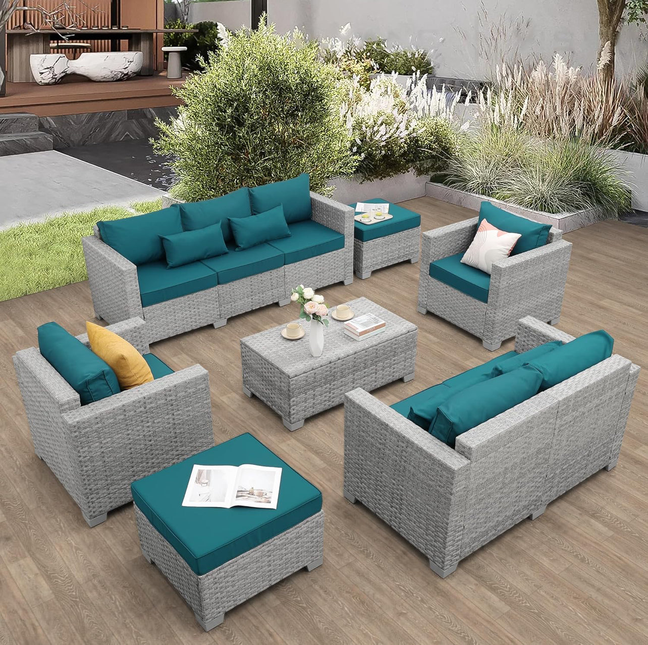 Juego de muebles de patio de ratán gris, 7 piezas. Mimbre gris con cojines azul electric. Mesa storage