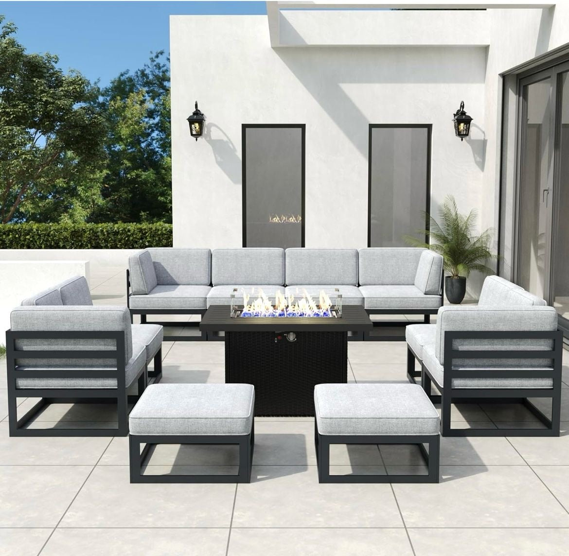 Pre-venta SUPER Juego de muebles de patio de aluminio de 11 piezas con mesa de fogata de gas propano de 44 pulgadas. Aluminio negro con cojines gris o azul