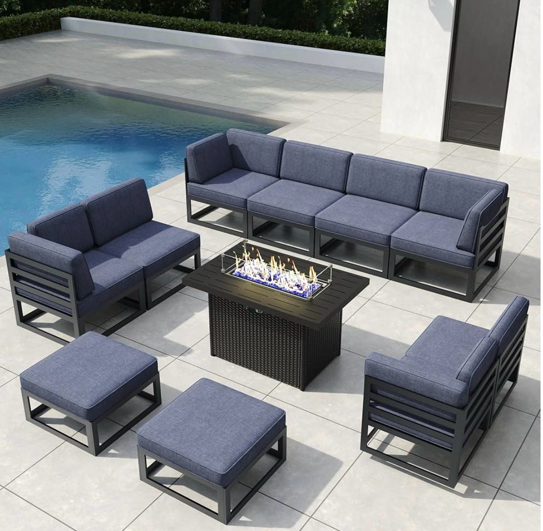 Pre-venta SUPER Juego de muebles de patio de aluminio de 11 piezas con mesa de fogata de gas propano de 44 pulgadas. Aluminio negro con cojines gris o azul
