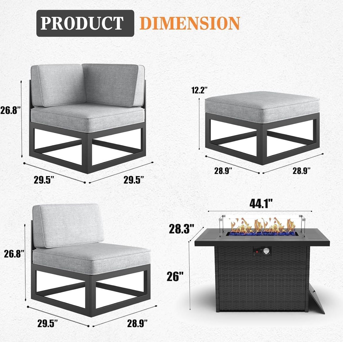 Pre-venta SUPER Juego de muebles de patio de aluminio de 11 piezas con mesa de fogata de gas propano de 44 pulgadas. Aluminio negro con cojines gris o azul