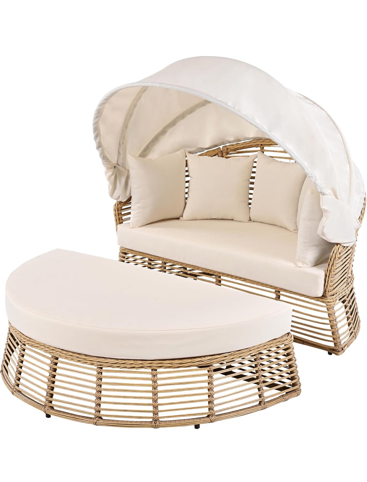 Pre-venta Sofá cama redonda de ratán para patio al aire libre con toldo retráctil, asiento seccional de mimbre con cojines extraíbles para patio, porche (beige)